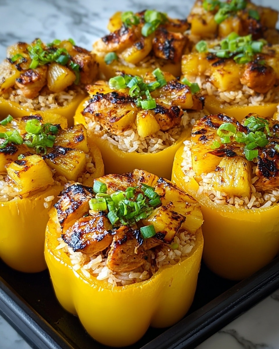 The image shows six yellow bell peppers cut in half and hollowed, placed tightly together in a black tray on a white marbled surface. Each pepper half is filled with a base layer of cooked rice mixed with small bits of onion, topped with grilled pineapple chunks that have a slightly charred, caramelized texture and deep golden-yellow color. The pineapple pieces are sprinkled with white sesame seeds and finely chopped green onions, adding pops of green and white on top. The peppers have a shiny and smooth outer skin with a vibrant yellow color. Photo taken with an iphone --ar 4:5 --v 7