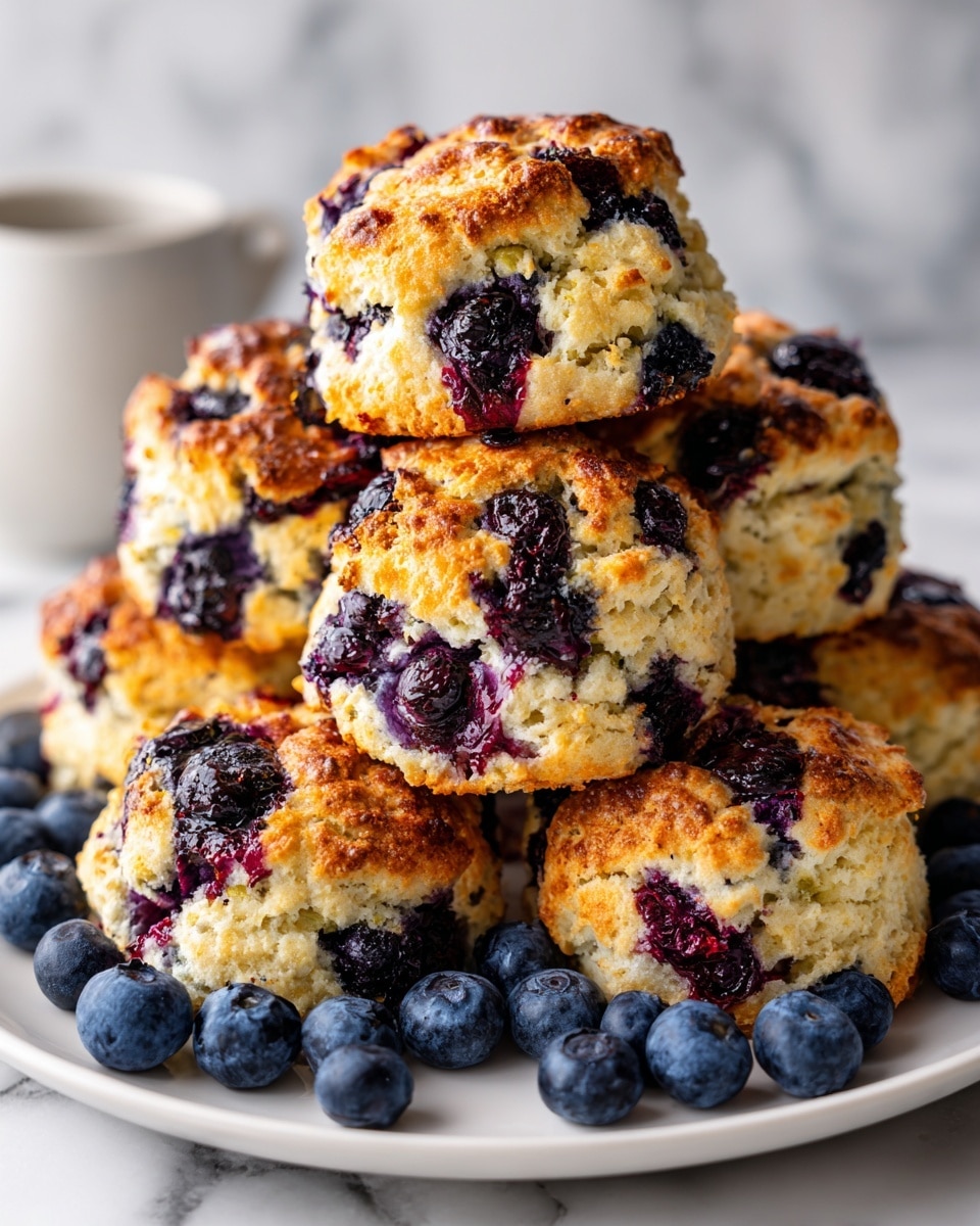 A white plate holds a stack of seven golden brown blueberry scones with a rough, crumbly texture. The scones show many dark purple blueberries baked inside them, some bursting and oozing their juice. The scones are arranged in a pyramid shape, with fresh whole blueberries scattered around the base of the plate. The background has a warm, soft focus with a wooden tone, creating a cozy atmosphere. Photo taken with an iphone --ar 4:5 --v 7
