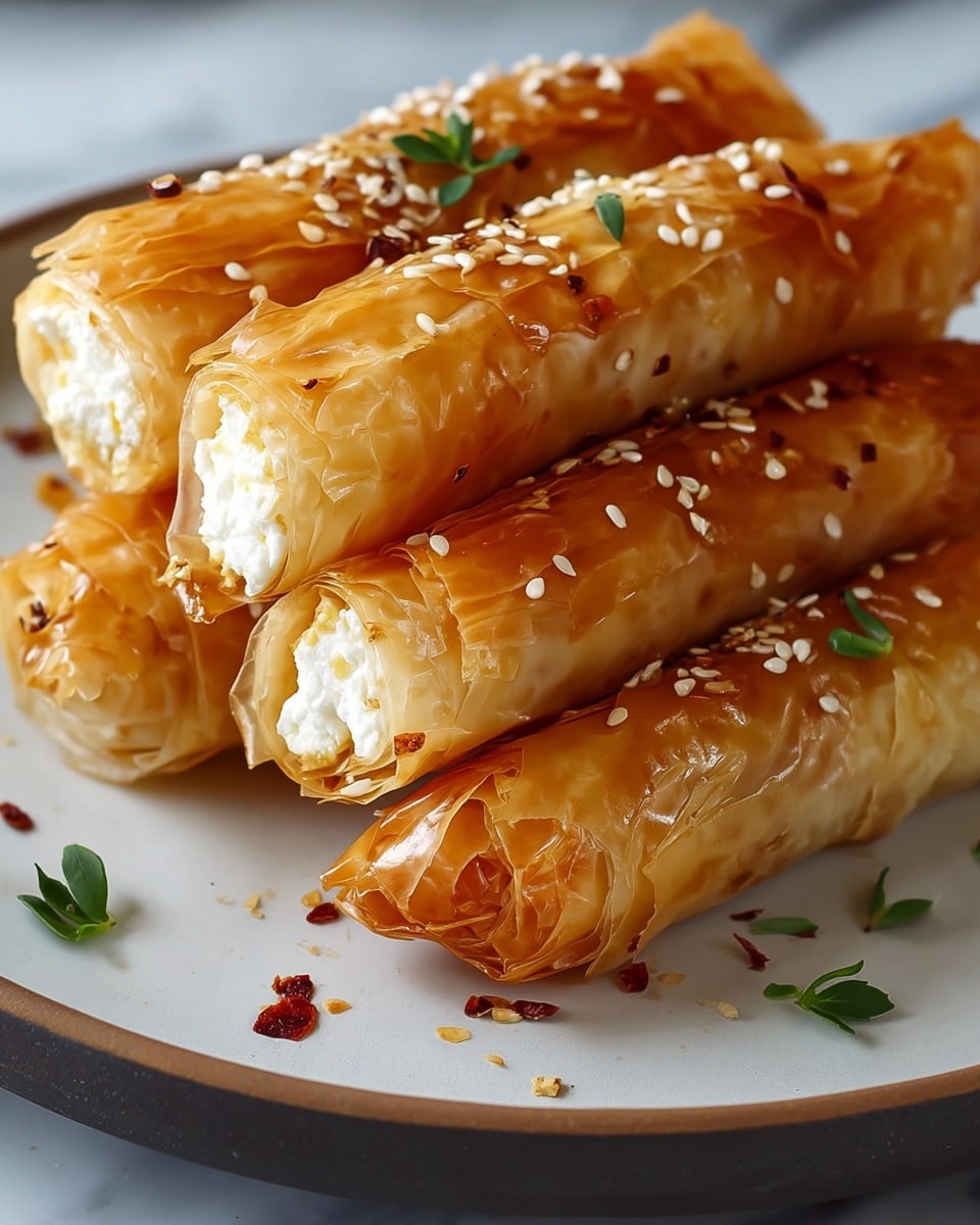 Four golden-brown, crispy rolls are tightly wrapped in thin, shiny layers of phyllo dough, each with a visible creamy white cheese filling peeking from the ends. The rolls are garnished with small white sesame seeds, red chili flakes, and tiny green herb leaves scattered on top and around them. They sit stacked on a smooth, white plate with a slight shine, placed on a white marbled surface. The close-up shot highlights the delicate texture and layers of the phyllo dough, with a warm, inviting light making the rolls look glossy and fresh. photo taken with an iphone --ar 4:5 --v 7