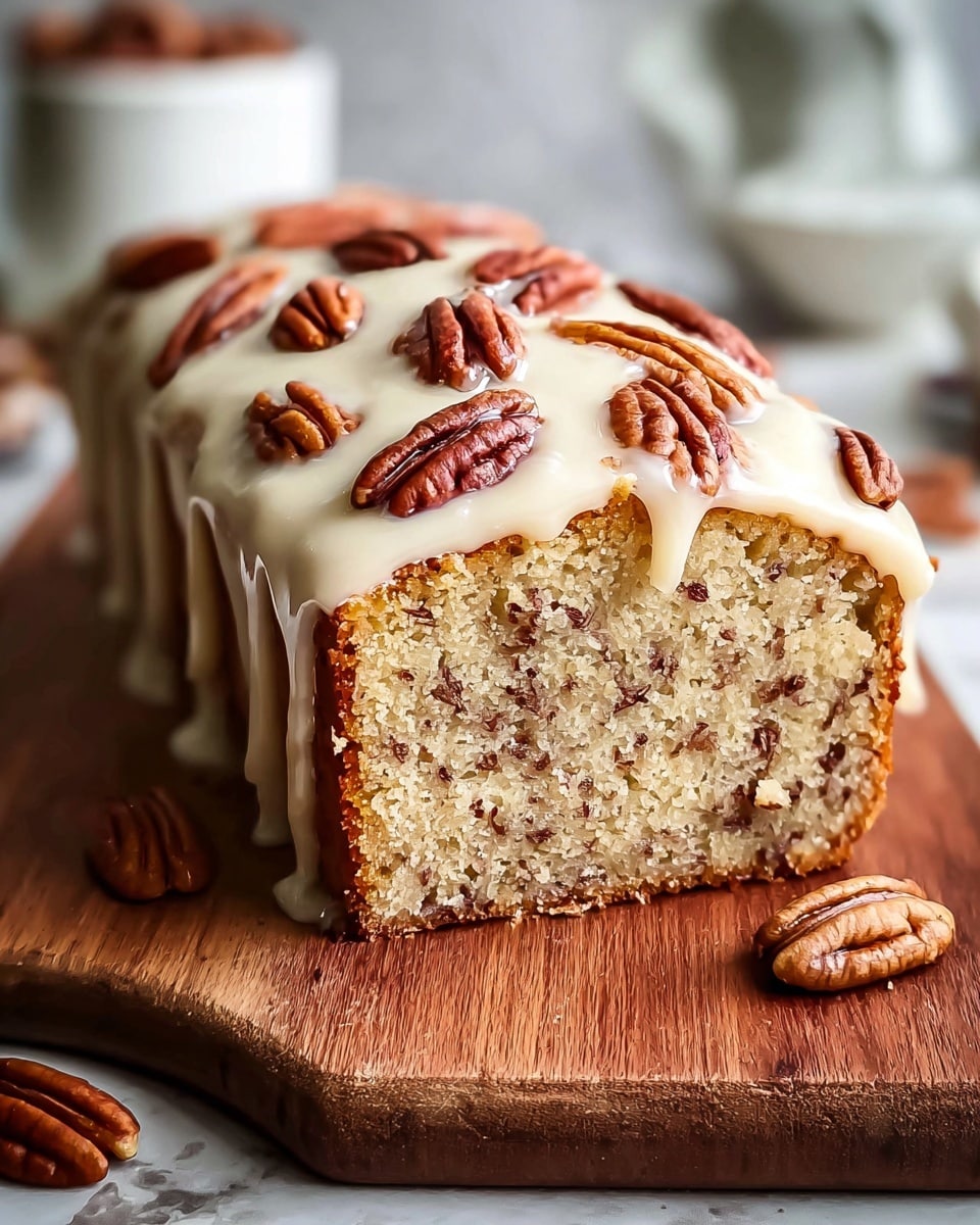 A close-up of a single-layer rectangular cake sitting on a wooden board, the cake has a light beige crumb with small dark specks throughout, showing a soft texture. The top of the cake is covered with smooth white icing that slightly drips down the sides, and it is decorated with whole pecan nuts scattered evenly. Some pecan pieces are also placed on the wooden surface near the cake. The background features a white marbled texture with blurred elements. photo taken with an iphone --ar 4:5 --v 7