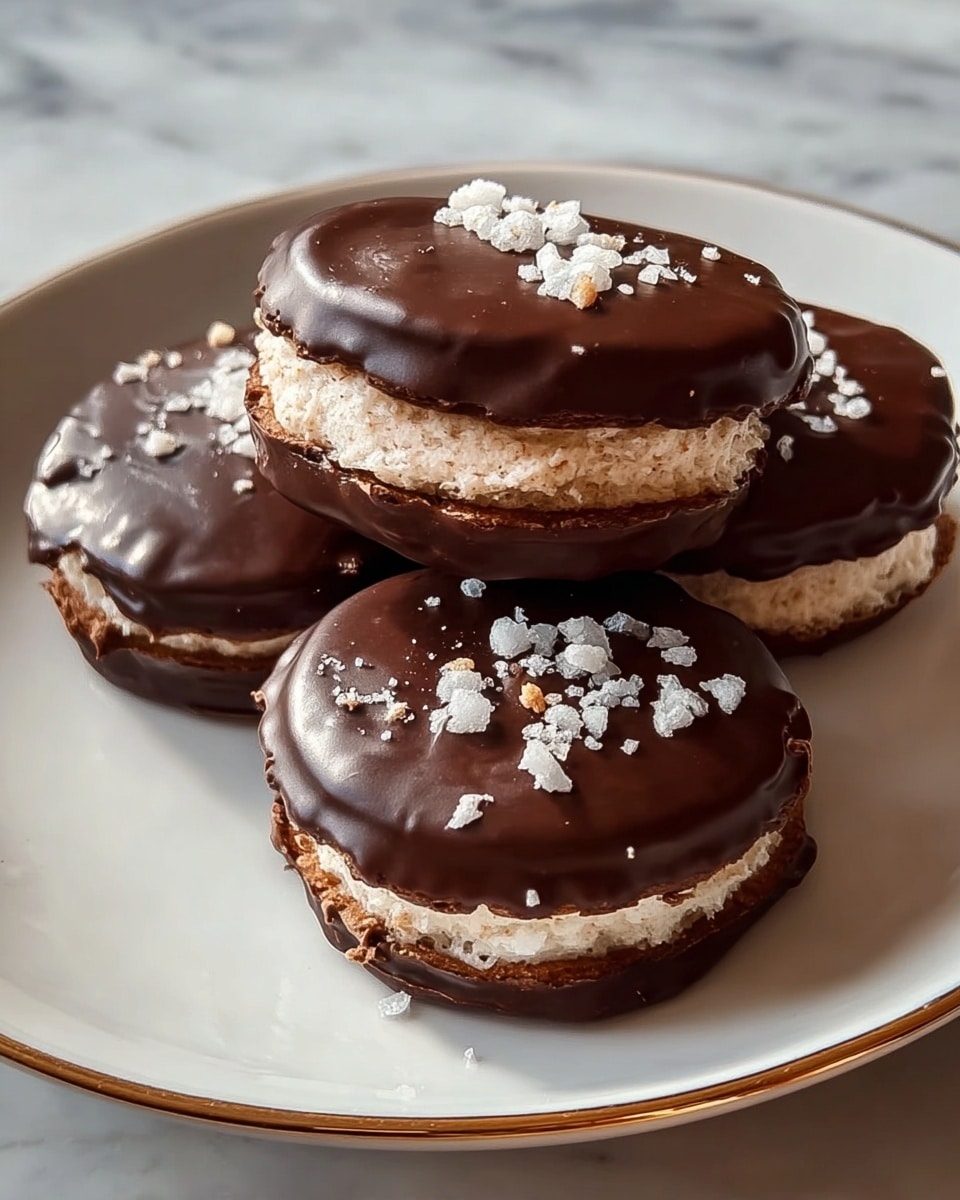 Four small round sandwich cookies sit stacked on a white plate with a thin gold rim, placed on a white marbled surface. Each cookie has three layers: the bottom and top layers are dark brown and glossy with a chocolate coating that looks smooth but slightly uneven, topped with small crushed white and light beige bits. In between these chocolate layers is a visible cream layer that is light beige with a slightly grainy texture. The cookies are arranged closely, with one cookie resting partly on top of another. Photo taken with an iphone --ar 4:5 --v 7