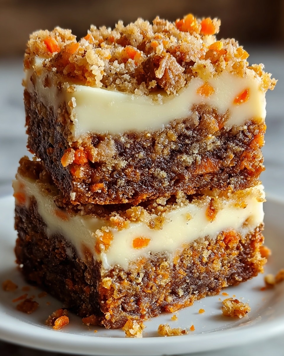 Two square slices of layered casserole are stacked on a white plate set on a white marbled surface. Each slice has three visible layers: the bottom layer is a dark brown crumbly crust mixed with small pieces of orange carrot; the middle layer is a thick, smooth, creamy white cheese or sauce; and the top layer is a golden brown, crunchy baked crumb topping sprinkled with tiny bits of browned crumbs and a few green herb pieces, giving a textured and crispy look. Some crumbs are scattered around the slices on the plate. Photo taken with an iphone --ar 4:5 --v 7