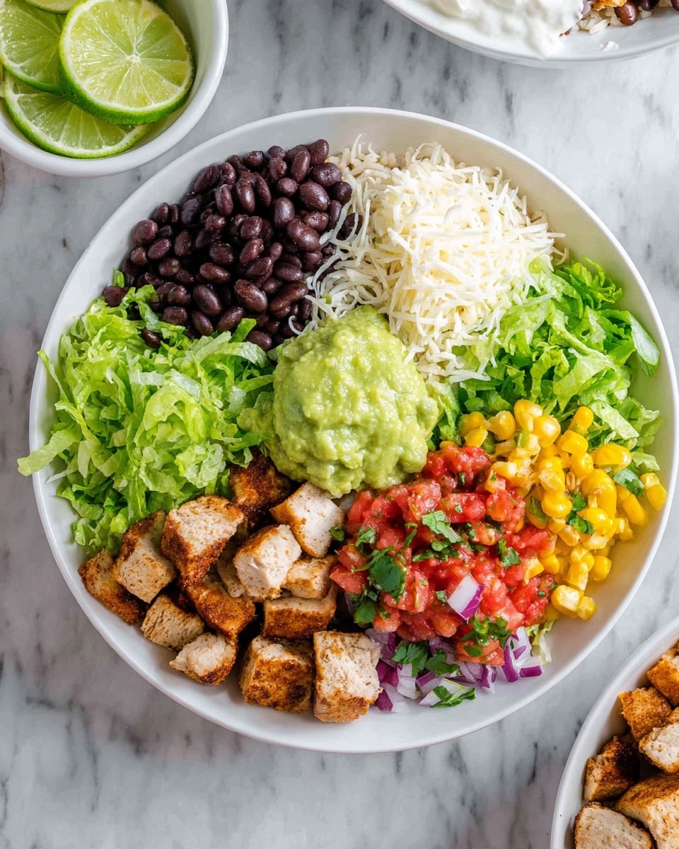 A white bowl on a white marbled surface holds a colorful, layered burrito bowl with eight visible sections arranged in a circle. Starting from the top left, there are two lime wedges with bright green skin and light green inside, next to a pile of shiny black beans. Moving clockwise, there is shredded white cheese on light green chopped lettuce, followed by another bright green lettuce section. Below this is a serving of golden brown grilled chicken cubes. Next to the chicken is a dollop of creamy white sour cream, followed by chunky red tomato salsa mixed with finely chopped purple onions and green herbs. Next to the salsa is yellow corn mixed with small pieces of red onion and green herbs, and finally, a scoop of creamy green guacamole sits in the middle of the bowl on top of some rice, which forms the base layer visible around the edges. Photo taken with an iphone --ar 4:5 --v 7