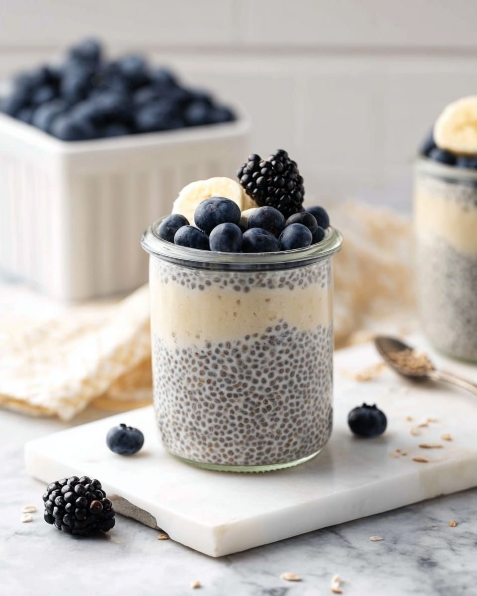 A clear glass jar filled with two visible layers: the bottom layer shows tiny light brown chia seeds soaked in a creamy white liquid, while the top layer is a thick, smooth chia pudding with visible chia seeds and creamy texture. On top, there are fresh dark blue blueberries, a slice of light yellow banana, and a shiny black blackberry arranged neatly. The jar sits on a small white marble square board. Scattered around are some blueberries and blackberries, with a white ceramic container full of blueberries in the background on a white marbled surface. Photo taken with an iphone --ar 4:5 --v 7