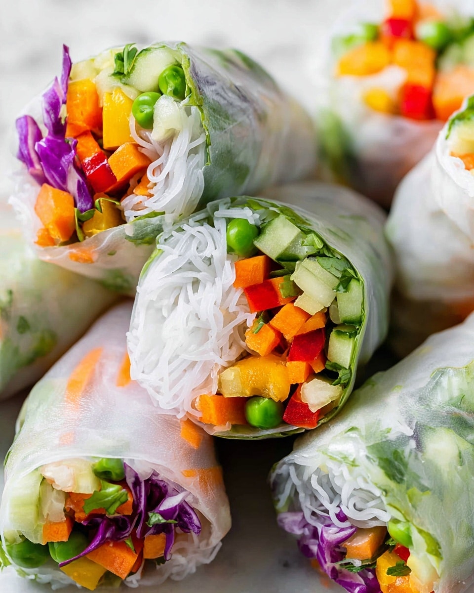 The image shows several fresh spring rolls tightly wrapped in translucent rice paper. The rolls are cut in half, revealing three main layers: a base of white rice noodles with a soft, smooth texture, a middle layer of bright green peas and leafy herbs, and a top layer filled with colorful diced vegetables including orange carrots, red bell peppers, pale yellow cucumbers, and purple cabbage. The rolls are placed on a white marbled surface, highlighting the fresh and vibrant colors inside the translucent wrappers. Photo taken with an iphone --ar 4:5 --v 7