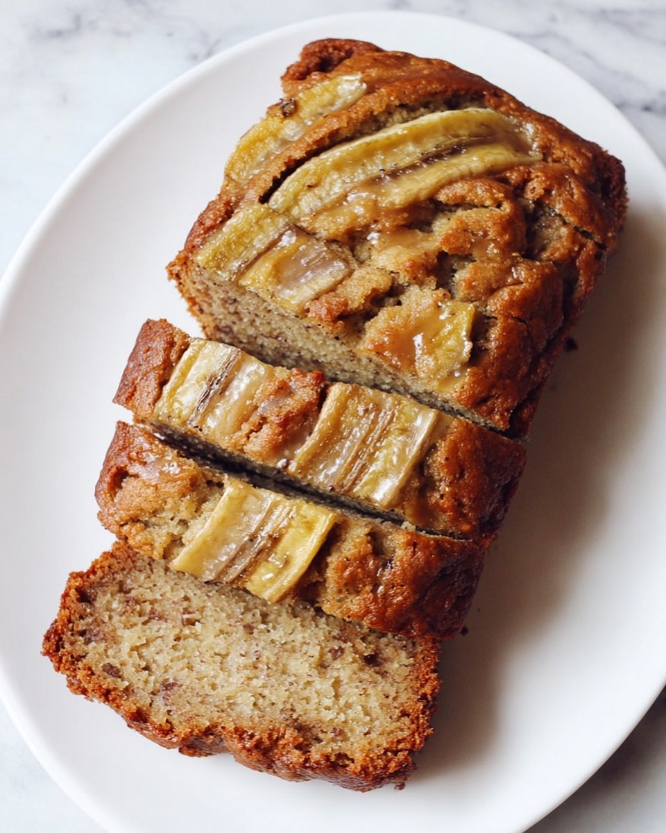 A loaf of banana bread sliced into four uneven pieces, stacked on a white round plate with a white marbled background. The bread’s top layer shows a golden brown crust with soft, moist inside displaying bits of banana and a speckled texture. A whole banana is sliced lengthwise and placed on top of the loaf, showing brown stripes on the yellow peel. The bread has a rough, crumbly surface with visible banana chunks inside the soft layers. Photo taken with an iphone --ar 4:5 --v 7