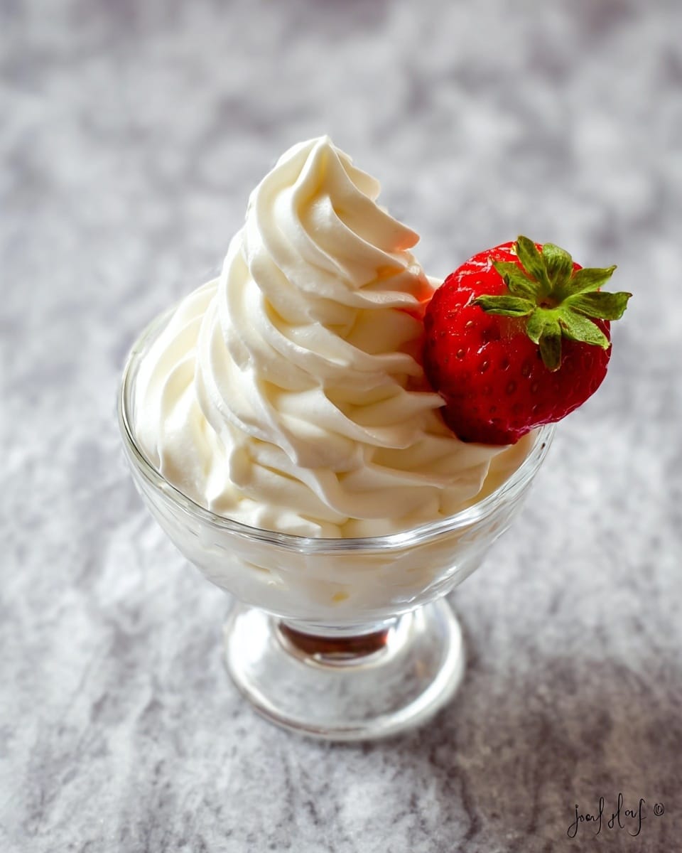 A clear glass dessert cup holds a soft layer of white whipped cream that is swirled in a spiral, rising smoothly from the base to form a tall peak. Sitting on top of the whipped cream is a single red strawberry with green leaves, adding a bright, fresh contrast. The dessert cup is placed on a white marbled surface, emphasizing the clean and fresh look of the dish. photo taken with an iphone --ar 4:5 --v 7