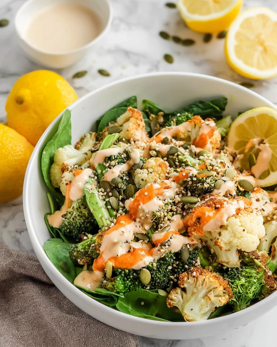 The image shows a close-up of roasted cauliflower and broccoli pieces layered with a creamy, white sauce drizzled unevenly across the vegetables. The cauliflower is off-white with lightly browned edges, giving it a slightly crispy look, while the broccoli is a bright green with tender stalks and small florets. Scattered across the vegetables are small, green pumpkin seeds and white sesame seeds, adding texture and little pops of color. The whole dish lies on a white marbled surface, highlighting the fresh, vibrant colors and textures of the roasted vegetables. Photo taken with an iphone --ar 4:5 --v 7