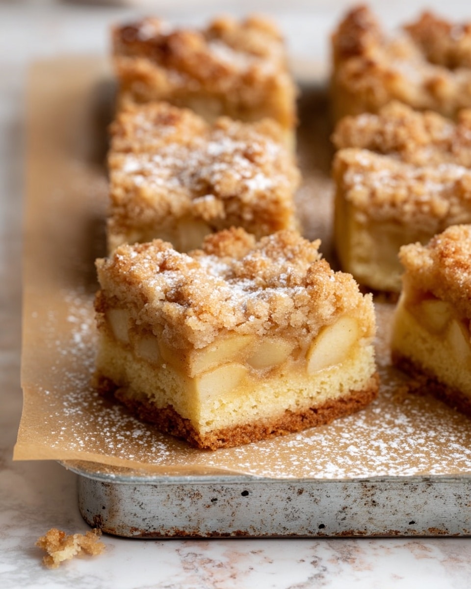The image shows several pieces of apple crumb cake cut into squares and arranged in rows on parchment paper placed on a rough, metallic baking tray. Each square has three visible layers: a light golden brown bottom sponge cake layer, a middle layer filled with soft, pale yellow cooked apple slices, and a top crumb layer that is golden brown with a slightly coarse texture, sprinkled lightly with powdered sugar. The crumb layer looks crumbly and sugary with small clumps scattered on the parchment paper below. The background is a white marbled texture. photo taken with an iphone --ar 4:5 --v 7