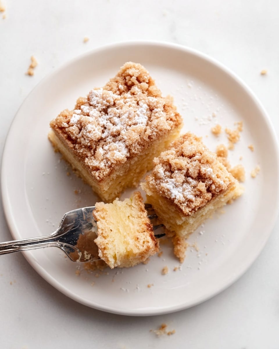 A white plate sits on a white marbled surface with two pieces of crumb-topped cake on it. The cake has a rough, golden-brown crumb layer on top dusted lightly with powdered sugar. Under the crumb layer, the cake is moist and pale yellow with a soft texture. A silver fork holds one piece of the cake, showing the inside layers clearly, and small crumbs are scattered around the plate. Photo taken with an iphone --ar 4:5 --v 7