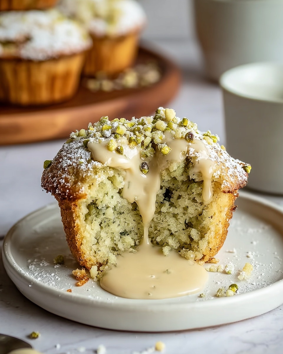 A half-eaten muffin sits on a white plate with a white marbled texture surface underneath. The muffin has one thick layer of soft, crumbly light green cake with small darker green flecks inside. On top, there is a layer of small green seeds and a sprinkle of light yellow crumb pieces. A creamy pale beige sauce drips down the center of the muffin, pooling slightly on the plate. The whole muffin is dusted with white powdered sugar. In the background, there is an out-of-focus white bowl and other muffins on a white plate. photo taken with an iphone --ar 4:5 --v 7