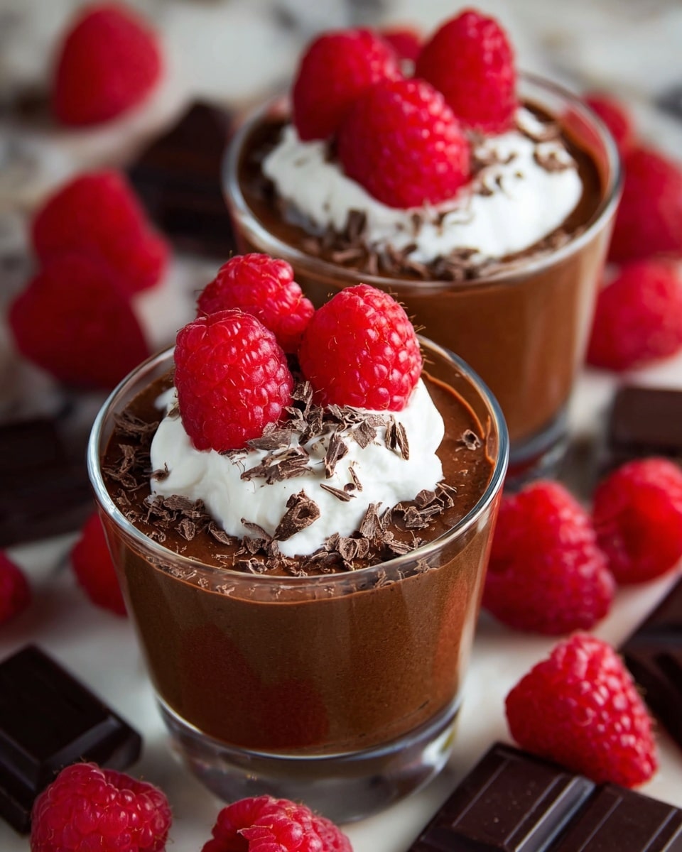 The image shows two clear glass cups filled with rich, dark brown chocolate mousse as the main layer, topped with a dollop of white whipped cream in the center. On top of the whipped cream, there are three bright red raspberries arranged with softness and texture. Small dark chocolate shavings are scattered around the whipped cream layer, adding texture and detail. The cups sit on a surface with a white marbled texture, surrounded by more fresh red raspberries and dark chocolate squares scattered nearby, making a colorful and detailed presentation. Photo taken with an iphone --ar 4:5 --v 7