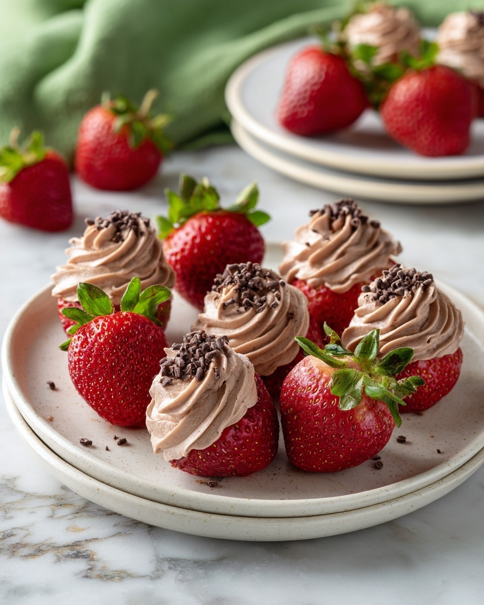 A white plate holds a circle of fresh, red strawberries, each cut open at the top and filled with light, smooth chocolate cream piped in swirled peaks; tiny chocolate pieces are sprinkled on top of the cream fillings, adding texture and contrast. The strawberries are arranged close together on a white marbled surface, with more strawberries scattered around the plate, and a white plate with more chocolate-filled strawberries blurred in the background. A green cloth is softly visible behind the setup, adding a splash of color. photo taken with an iphone --ar 4:5 --v 7