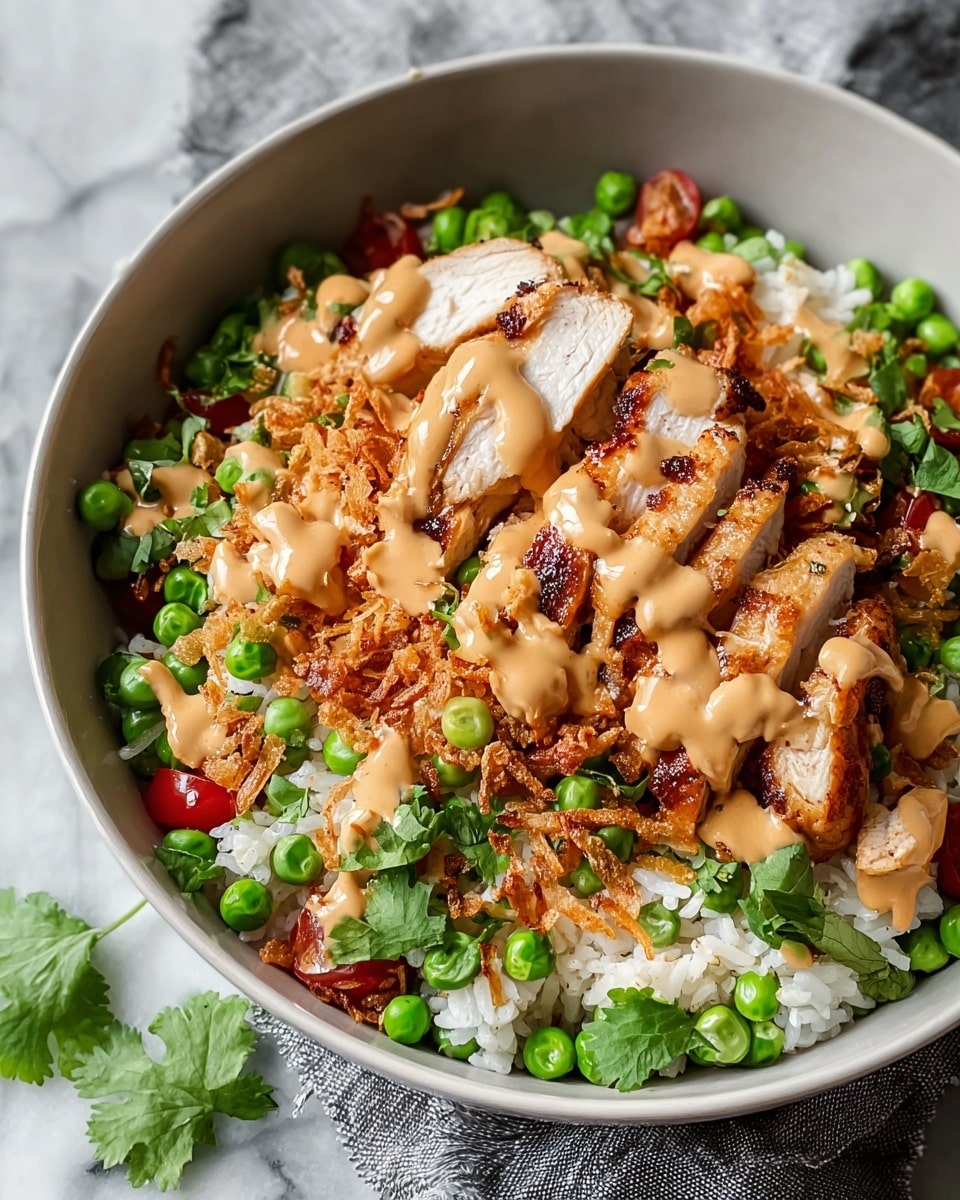 A white bowl filled with a base layer of white rice mixed with bright green peas and small red tomato pieces, topped with crispy golden fried onions and sliced grilled chicken breast with a juicy white center and a browned outer edge. Over the chicken and onions, there is a drizzle of creamy light brown sauce spread evenly across the top. Fresh green cilantro leaves are scattered around the bowl, adding a fresh touch. The bowl is placed on a white marbled surface with a gray cloth nearby. photo taken with an iphone --ar 4:5 --v 7
