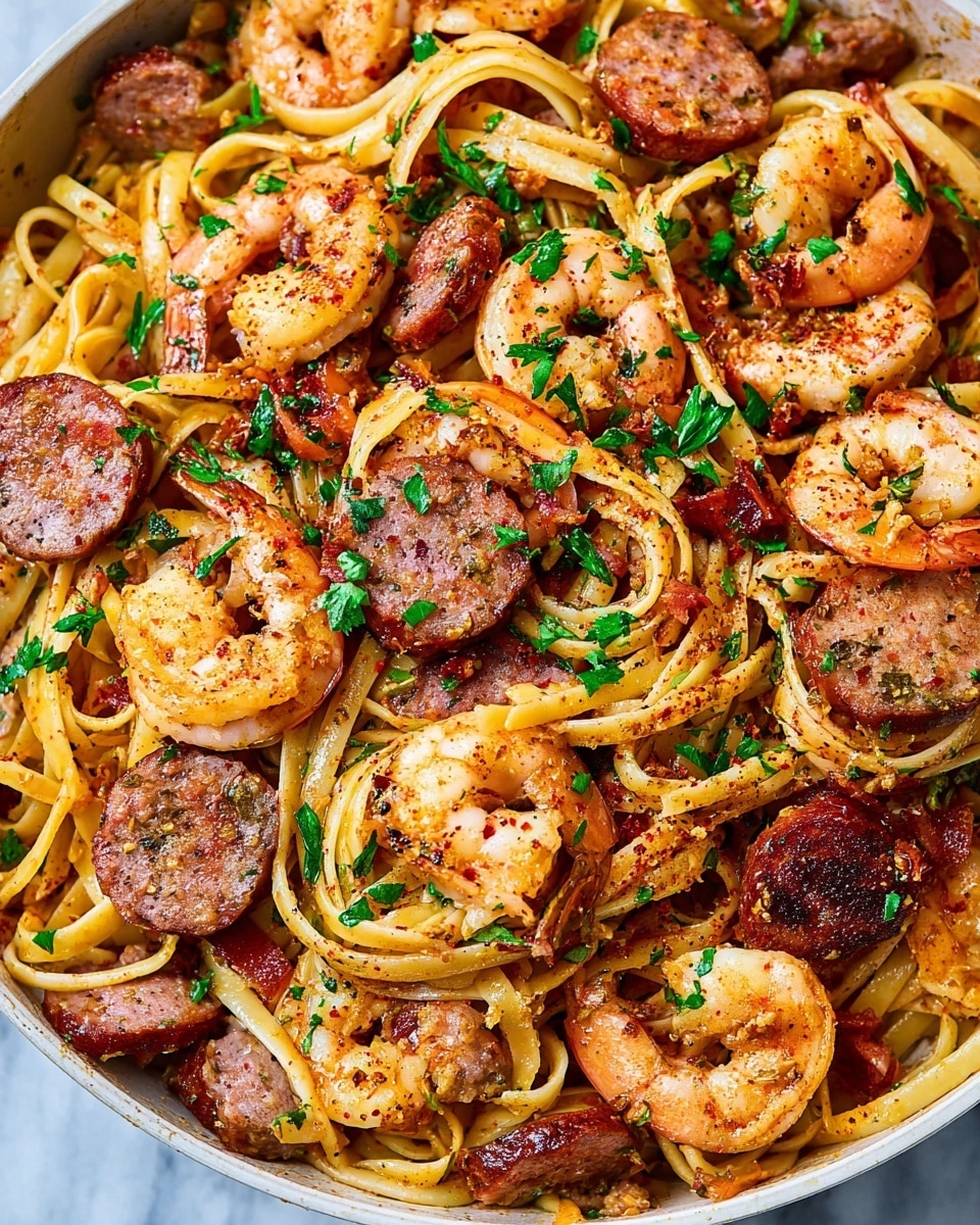 This image shows a close-up of a pasta dish with three main layers. The bottom layer is cooked linguine pasta, light yellow with a smooth texture, mixed and slightly twisted. The middle layer has cooked shrimp, pink-orange and curled with a firm texture, scattered evenly. The top layer features browned sausage slices with a round shape and slightly crispy edges, plus small chopped green parsley sprinkled over everything, adding fresh green spots. The dish is also sprinkled with fine red spices and herbs all over, giving a speckled appearance. The whole meal rests on a white marbled surface. Photo taken with an iphone --ar 4:5 --v 7