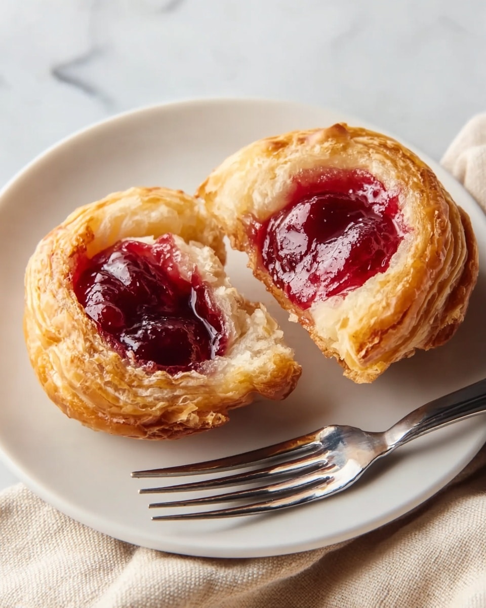 A close-up view of a small, round pastry cut in half and placed on a white plate, showing its flaky, golden-brown crust with multiple light, crispy layers on the outside, and a shiny, deep red fruit filling in the center that looks thick and glossy, almost like cherry or berry jam. A metal fork lies next to the pastry halves, all set on a white marbled surface with a soft beige cloth partially visible under the plate. photo taken with an iphone --ar 4:5 --v 7