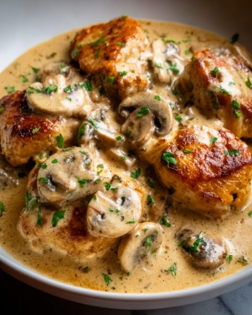 The image shows a close-up of food with several pieces of golden-brown chicken partially covered in a creamy sauce that is light beige in color. There are sliced mushrooms mixed into the sauce, which has a smooth and slightly thick texture. Green herbs are sprinkled on top, adding a fresh touch. The dish is presented on a white plate placed on a white marbled surface. Photo taken with an iphone --ar 4:5 --v 7