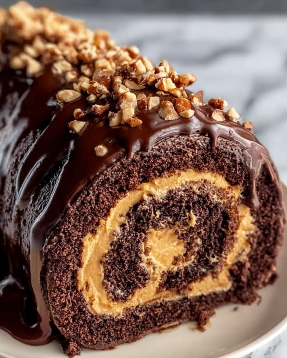 The image shows a close-up of a chocolate roll cake with four visible layers. The outermost layer is dark, shiny chocolate glaze with a smooth texture, dripping slightly down the sides. Inside, the first layer is a soft, moist dark chocolate cake, followed by a creamy peanut butter-colored filling with a smooth texture. In the center, there is a rich dark chocolate filling with a glossy finish, creating a spiral pattern with the peanut butter layer. On top, crunchy peanut pieces are scattered, adding texture contrast. The cake is placed on a white plate, with a white marbled surface in the background. Photo taken with an iphone --ar 4:5 --v 7