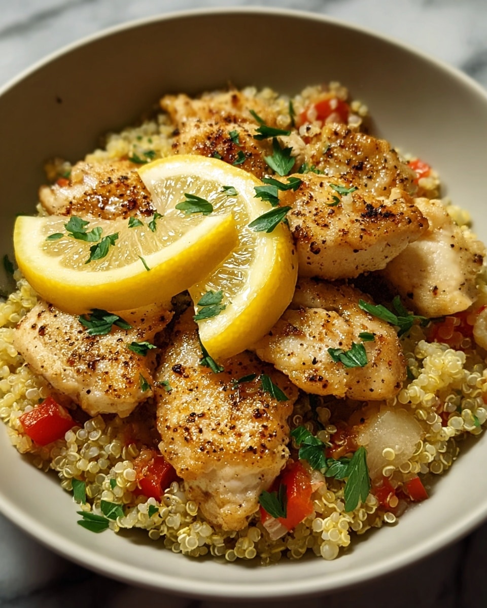 A white bowl contains a base layer of light yellow quinoa mixed with small pieces of red and white vegetables, giving it a grainy texture with pops of color. On top, there are several golden brown grilled chicken pieces, each with a slightly crispy surface and visible specks of pepper and seasoning. Three fresh lemon slices with bright yellow rinds and translucent interiors are arranged around the chicken. The whole dish is sprinkled with chopped fresh green herbs, adding a splash of color and freshness. The bowl is set on a white marbled surface. photo taken with an iphone --ar 4:5 --v 7