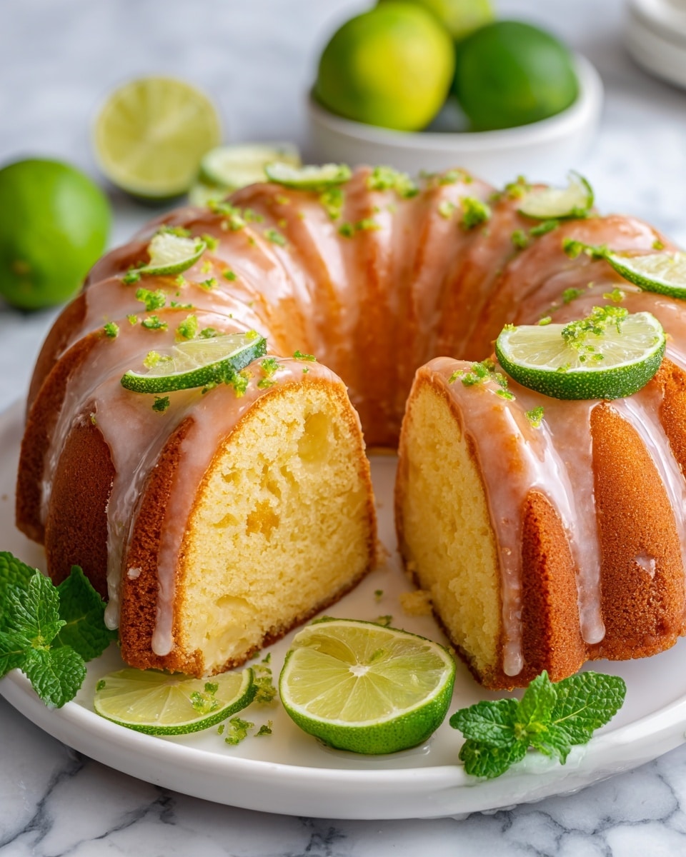 A ring-shaped bundt cake with a light yellow inside and a smooth, shiny light orange glaze on the outside, decorated with small green lime wedge pieces scattered on top, two slices of the cake are cut and slightly lifted to show the soft texture inside, all placed on a white plate set on a white marbled surface, fresh green limes and mint leaves are visible around the plate, photo taken with an iphone --ar 4:5 --v 7