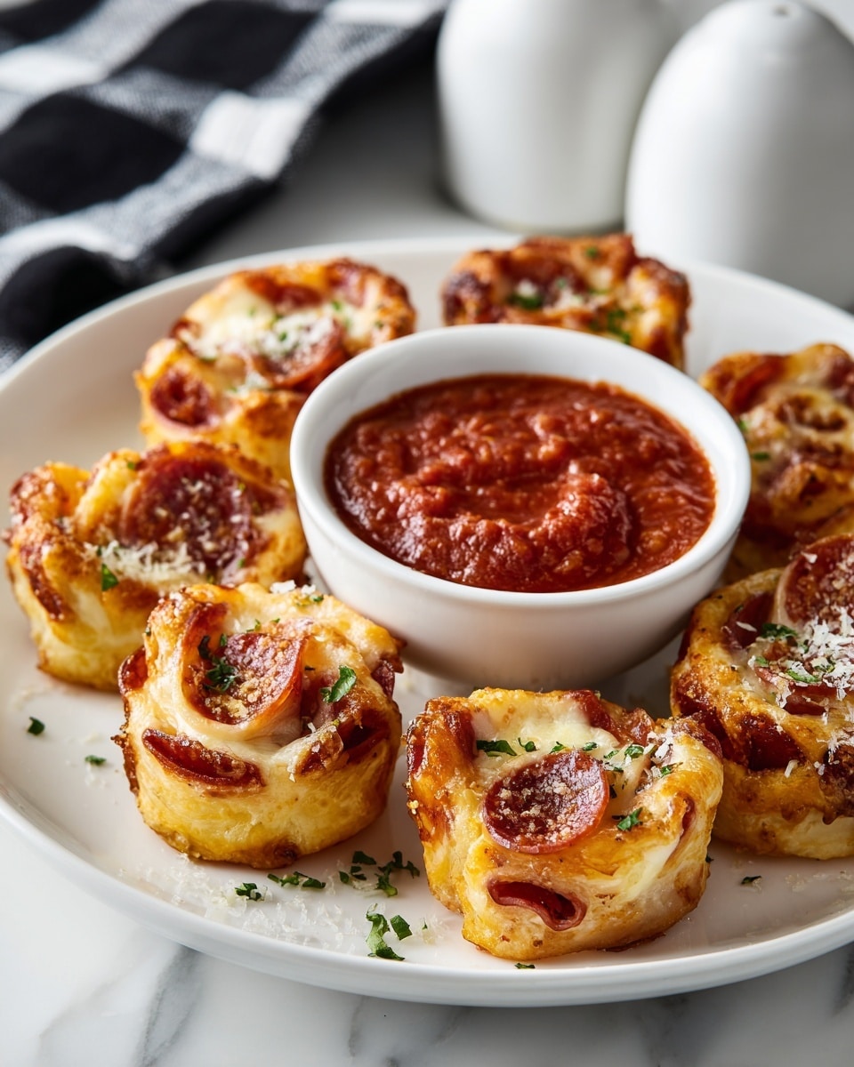 A white plate holds a circle of small, golden-brown puff pastry bites, each wrapped around a layer of reddish pepperoni and a thick piece of white melted cheese inside, topped lightly with green herbs and a sprinkle of coarse seasoning. In the center of the plate sits a small white bowl filled with smooth, deep red marinara sauce. The plate is placed on a white marbled surface, with black and white kitchen towels and white containers labeled pepper and salt blurred softly in the background. photo taken with an iphone --ar 4:5 --v 7