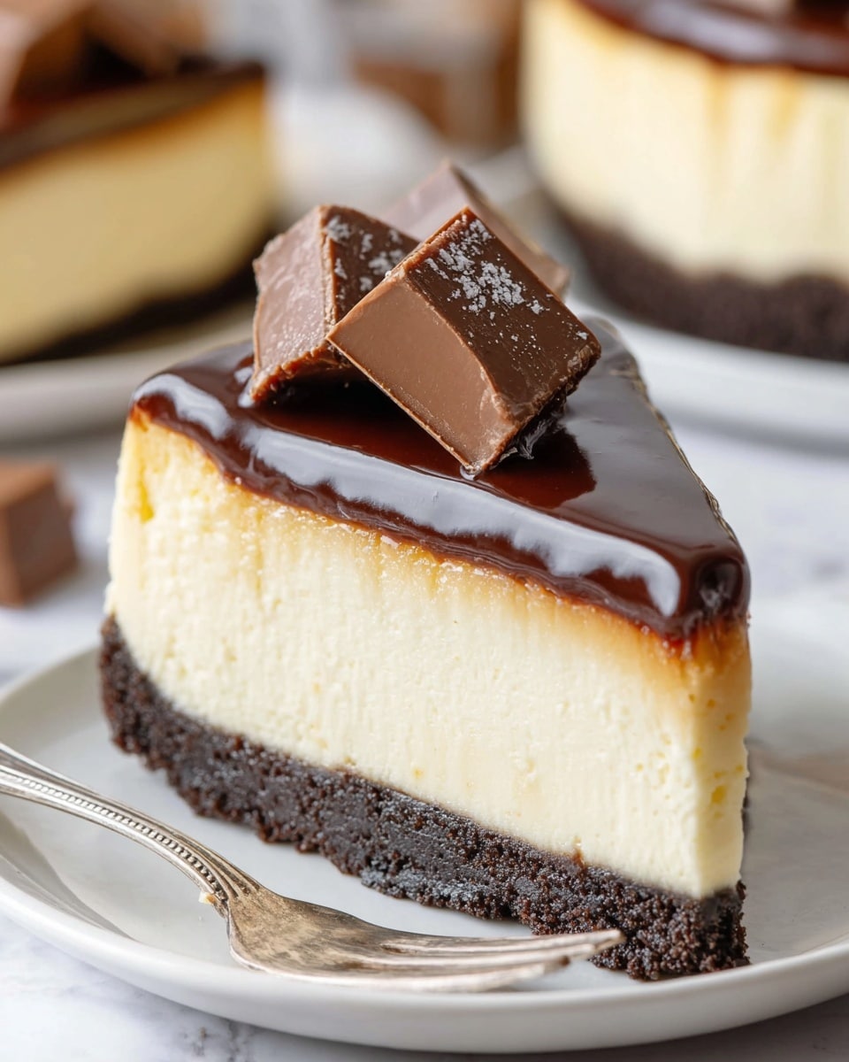 A close-up of a slice of cheesecake on a white plate with a silver fork beside it, showing three visible layers: a bottom dark chocolate crumb crust with a rough texture, a thick middle creamy off-white cheesecake layer with a smooth surface, and a top glossy dark chocolate ganache layer with a shiny finish. Two pieces of chocolate candy rest on the ganache, adding texture and dimension. The background is softly blurred with other cheesecake slices visible, all on a white marbled surface. Photo taken with an iphone --ar 4:5 --v 7