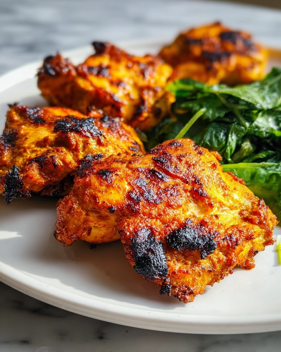 The image shows a close-up of four pieces of grilled chicken with a slightly charred, crispy outer layer that is golden-orange with dark brown spots, giving a textured and juicy look. The chicken pieces are arranged on a white plate, and behind them, there is a small portion of cooked leafy greens that are shiny and deep green in color, adding freshness to the plate. The plate sits on a white marbled surface, which helps highlight the warm colors of the chicken and the greens. photo taken with an iphone --ar 4:5 --v 7