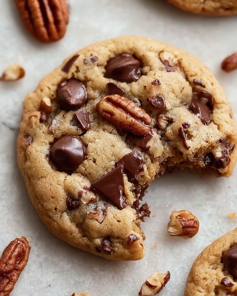 A close-up view of a soft, round cookie with a light golden-brown color showing visible texture and cracks. The cookie surface has several glossy dark brown melted chocolate chips unevenly placed on top, along with whole and broken pecan pieces that add a rich brown color and rough texture contrast. A large bite is taken out of the cookie, revealing a moist, chewy inside with tiny pieces of nuts scattered throughout. Around the cookie, on a white marbled textured surface, there are a few loose pecan halves and crumbs, enhancing the homemade feel. Photo taken with an iphone --ar 4:5 --v 7
