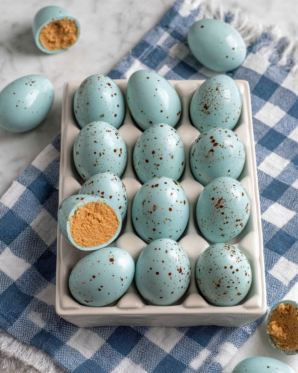 The image shows a small white ceramic tray holding twelve pale blue eggs with dark brown speckles scattered evenly on their shells. One egg in the tray is cut in half, revealing a crumbly, light brown inside. Around the tray, on a white marbled texture covered with a blue and white checkered cloth, there are a few more eggs, some whole and one also cut in half, showing the same crumbly filling. The eggs have a smooth, matte surface with natural, irregular specks. photo taken with an iphone --ar 4:5 --v 7