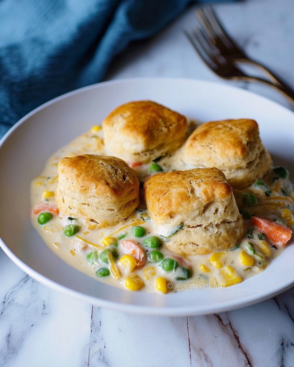 This image shows a white round plate with four soft golden-brown biscuit tops placed on a creamy mixture beneath. The creamy base has a thick sauce with visible colorful vegetables like green peas, orange carrot pieces, and yellow corn kernels mixed in. The biscuits are slightly puffed, with a light crust and soft texture. The plate sits on a white marbled surface with part of a fork and a blue cloth in the background. photo taken with an iphone --ar 4:5 --v 7