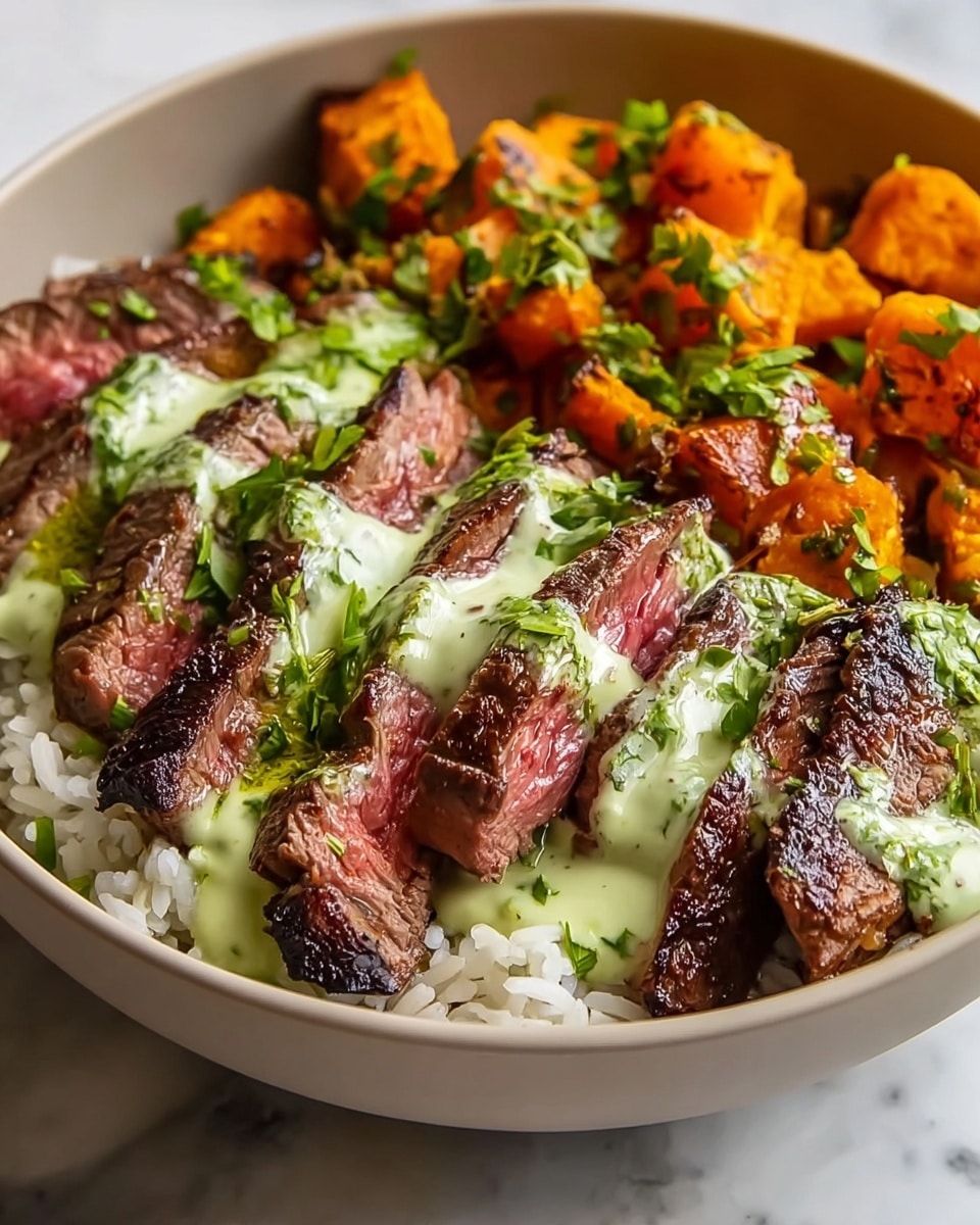 A white bowl filled with three main layers: at the bottom, there is a layer of white rice with soft texture; on top of the rice, there are several thick slices of medium-rare steak, showing a pink center with brown grilled edges, drizzled with a light green creamy sauce and sprinkled with fresh chopped green herbs; beside the steak, chunks of bright orange roasted sweet potatoes are visible, sprinkled with green herbs as well. The background shows a white marbled surface, and the image is close-up, capturing the textures and colors vividly. photo taken with an iphone --ar 4:5 --v 7