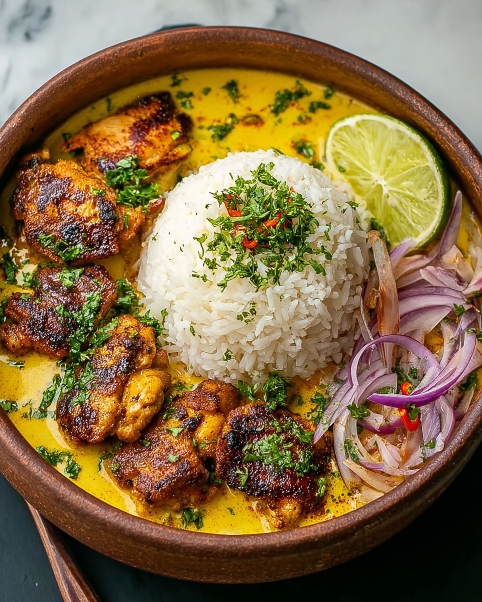 A round bowl with a brown outside holds a dish with three main layers: on one side is a bright yellow curry sauce with a smooth texture, topped with several browned, grilled chicken pieces that have a slightly crispy look, and sprinkled with green chopped herbs. On the other side is a neat mound of fluffy white rice also sprinkled with some green herbs. Next to the rice are thin purple onion rings and a wedge of lime, all set on a white marbled surface. Photo taken with an iphone --ar 4:5 --v 7