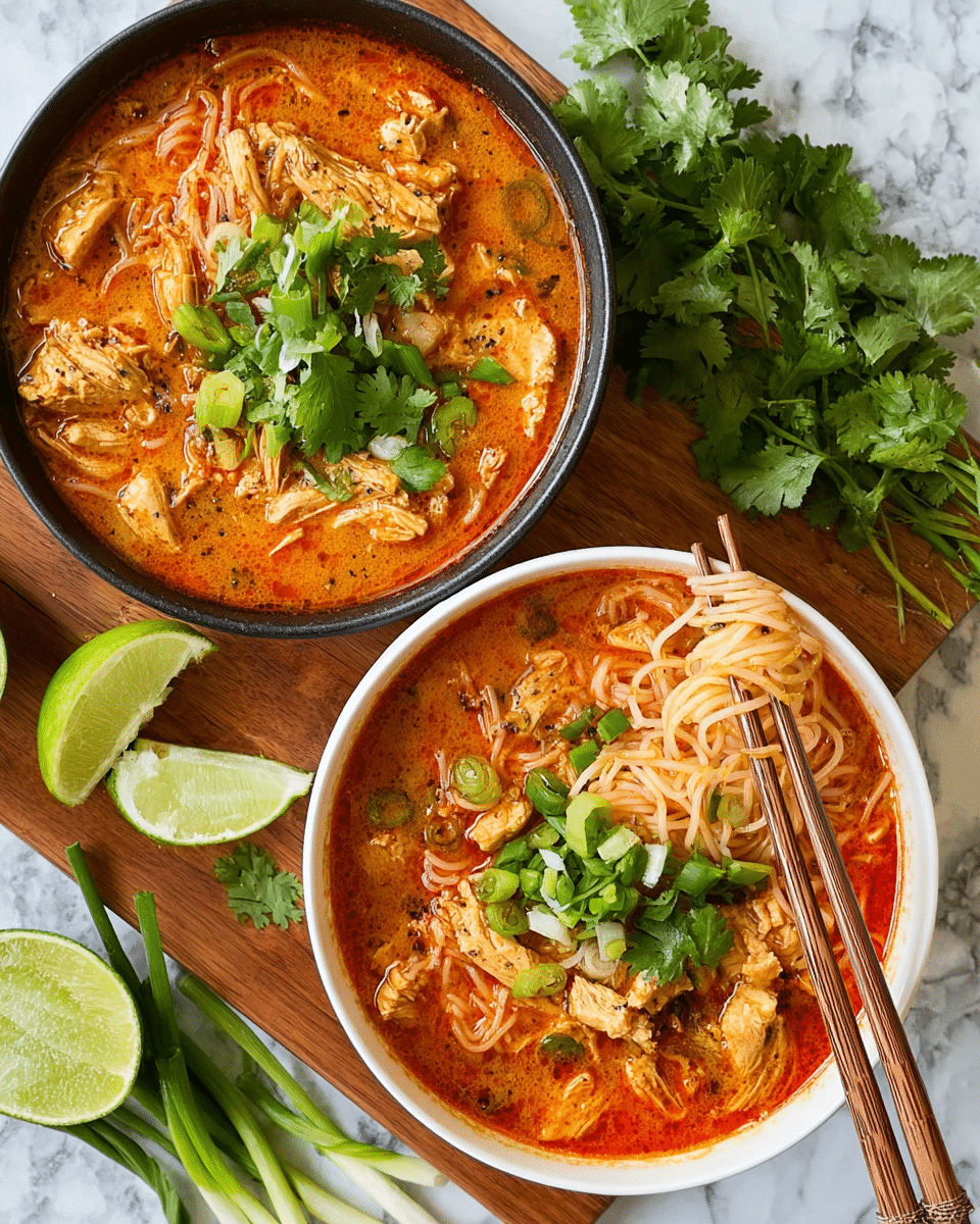A large black pot with two handles filled with a rich orange-red broth that holds thin noodles intertwined throughout, chunks of light brown chicken, and diced red bell peppers. Bright green cilantro leaves are scattered on top, adding a fresh contrast. The pot sits on a white marbled surface next to a wooden cutting board holding lime wedges and fresh cilantro sprigs. Below the pot is a white plate with a pair of dark wooden chopsticks resting on it. Photo taken with an iphone --ar 4:5 --v 7