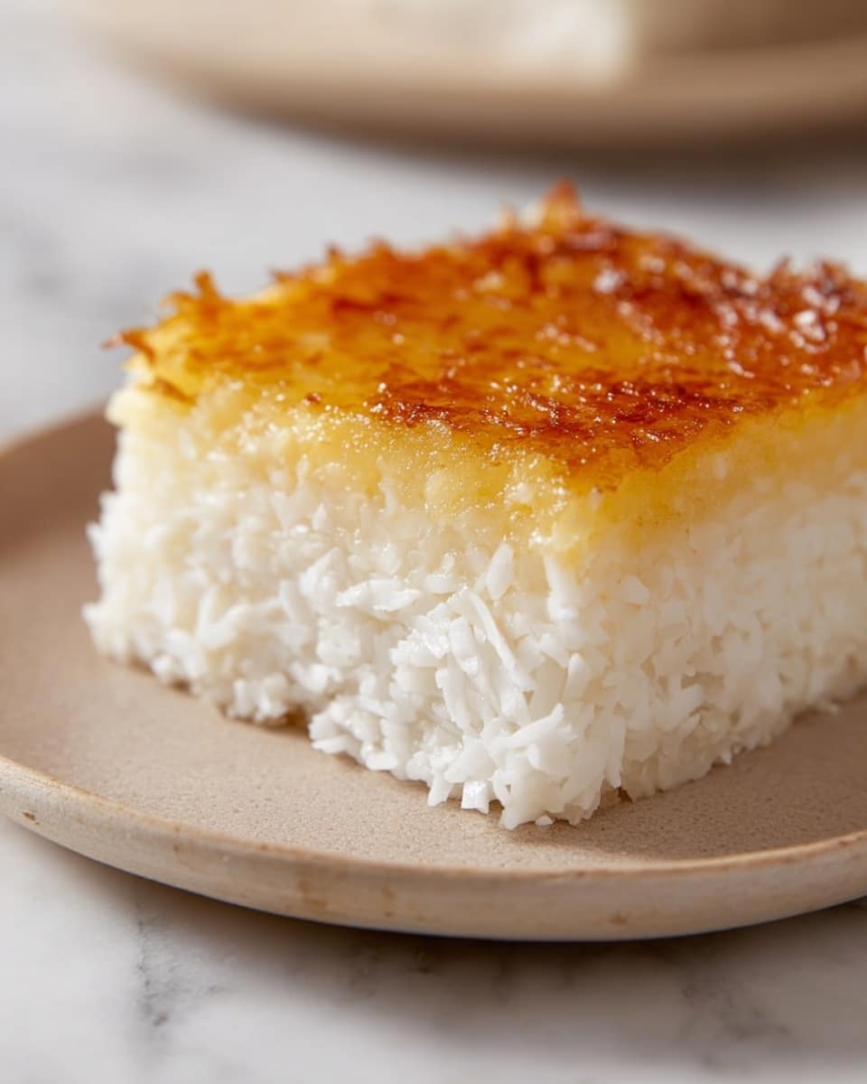 A close-up of a square piece of dessert showing two layers: the bottom layer is thick and white with a soft, moist texture that looks like shredded coconut, and the top layer is thin, golden-brown, and slightly shiny with a baked crust. The piece sits on a simple white plate with a matte finish, placed on a white marbled surface. The background is softly blurred, highlighting the dessert's texture. photo taken with an iphone --ar 4:5 --v 7