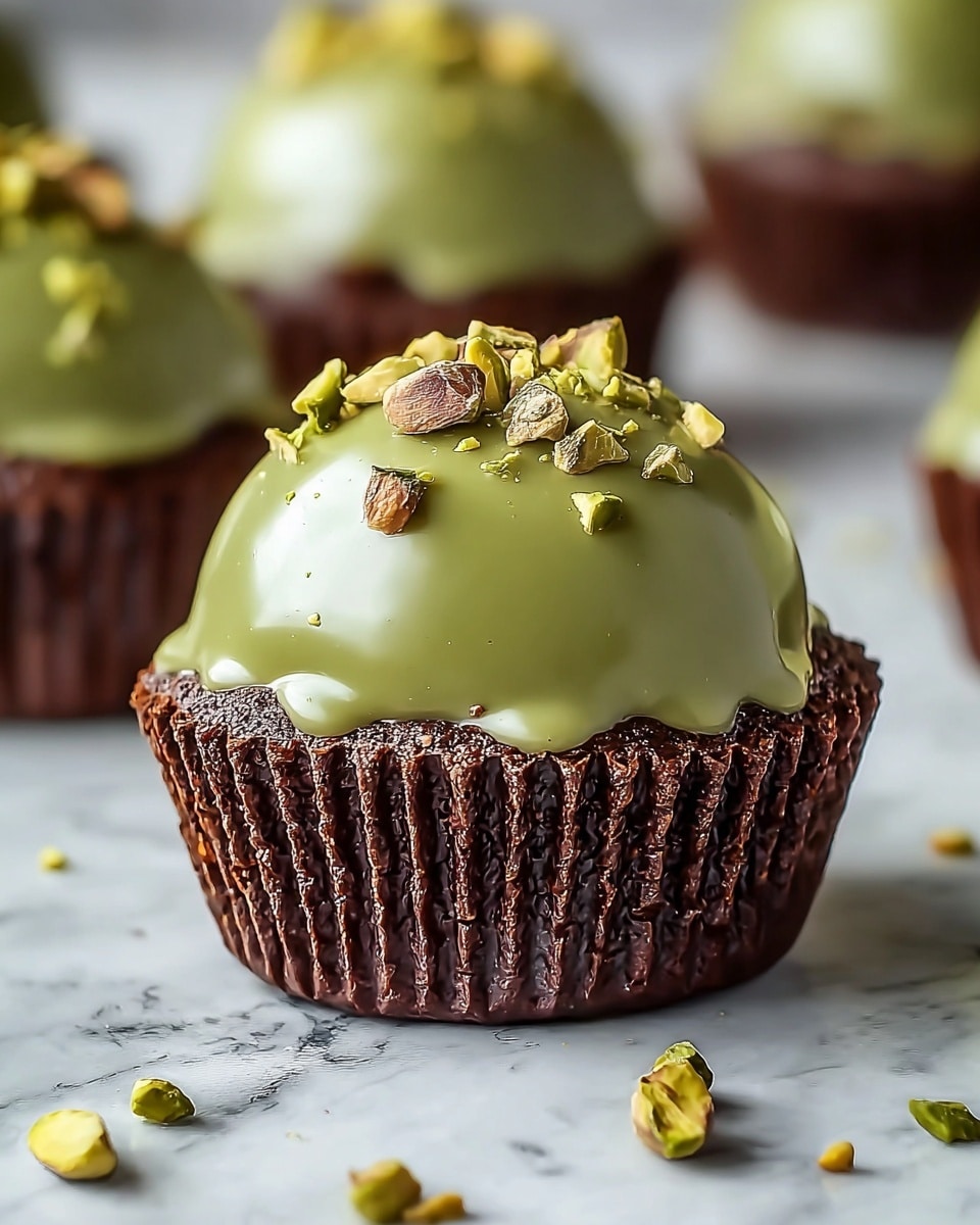 A single chocolate cupcake sits on a white marbled surface, wrapped in a dark brown ridged paper cup. The cupcake is topped with a smooth, shiny layer of green pistachio glaze that covers the dome-shaped top evenly. On top of the glaze, there are small pieces of chopped pistachios scattered across, adding a crunchy texture. Around the base, the chocolate cupcake shows a moist, rich crumb. Loose pistachio pieces are sprinkled on the white marbled surface near the cupcake, with several more similar cupcakes blurred softly in the background. Photo taken with an iphone --ar 4:5 --v 7