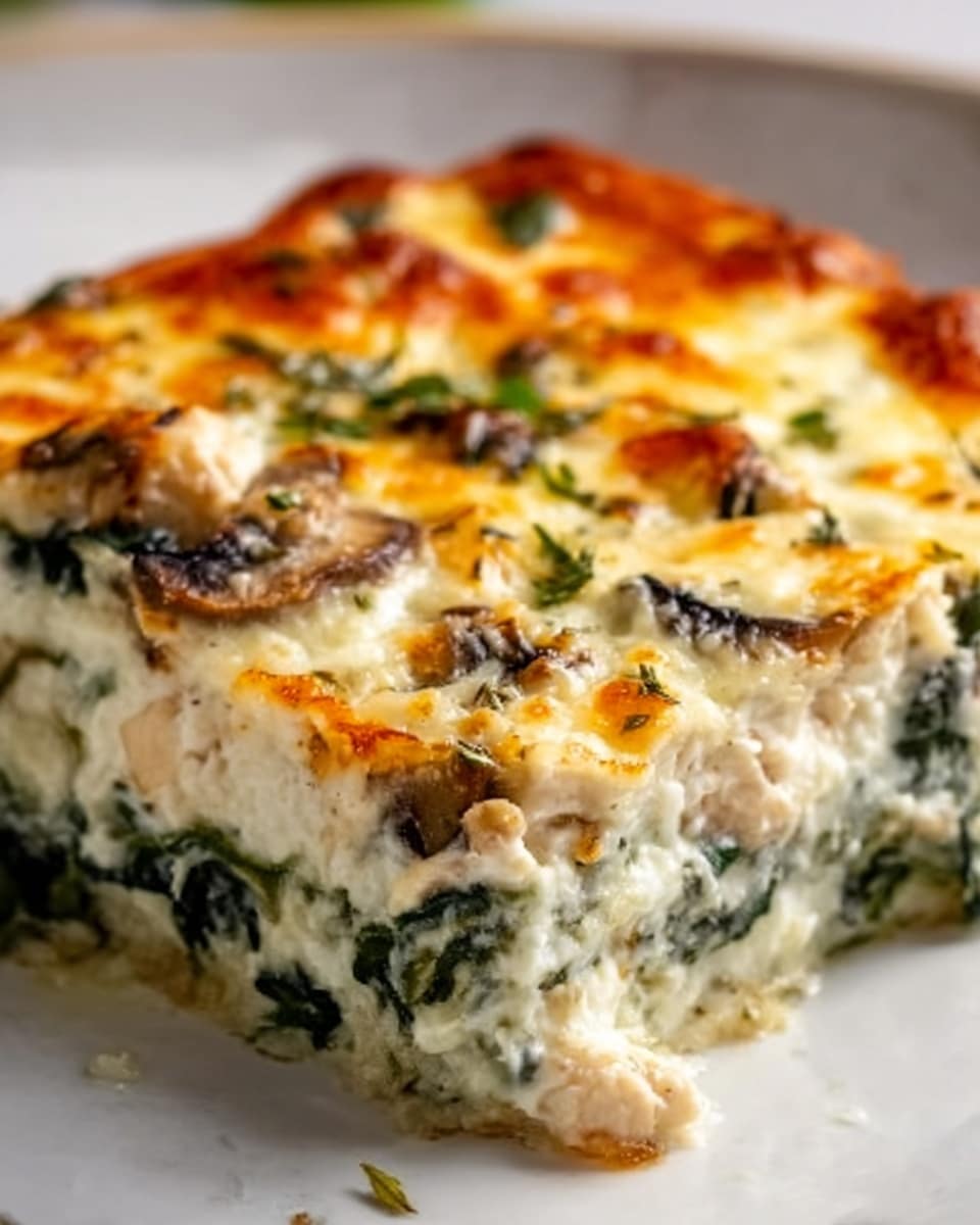 A close-up of a baked dish cut into a square piece showing three clear layers: a top golden brown melted cheese layer with some browned spots and herbs sprinkled thinly, a middle creamy white layer with small green and dark mushroom pieces, and a bottom dark green leafy spinach layer. The textures are soft and gooey, with a slightly crispy top. The dish rests on a white surface with a soft shadow under it. Photo taken with an iphone --ar 4:5 --v 7