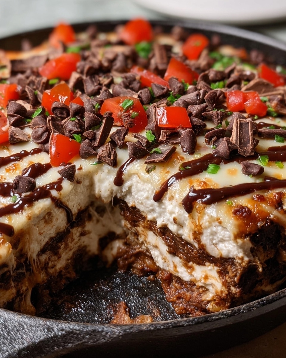 The image shows a cut slice of layered dessert in a black cast iron skillet with a white marbled surface underneath. The dessert has four visible layers: the bottom layer is thick and dark brown, possibly a cookie or brownie base; the second layer is creamy and light beige, smooth in texture; the third layer is slightly darker beige, softer and thicker; the top layer is creamy white melted cheese or frosting with small red pieces and green herbs scattered on top. Dark chocolate chips or chunks are generously sprinkled across the top, with some chocolate drizzle over them. The sides of the dessert reveal its rich, moist layers. Photo taken with an iphone --ar 4:5 --v 7