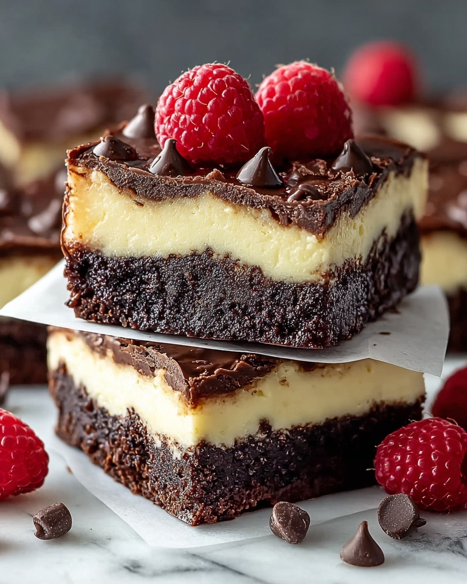 The image shows a close-up of two stacked dessert squares on white parchment paper. Each square has three distinct layers: a thick, dark brown bottom brownie layer with a dense and fudgy texture, a smooth and creamy pale yellow middle cheesecake layer, and a thin top layer of shiny dark chocolate with a cracked surface and a few small chocolate chips scattered on it. On top of the upper brownie, two fresh red raspberries add a bright pop of color. Surrounding the dessert, there are a few loose chocolate chips and raspberries resting on a white marbled surface. photo taken with an iphone --ar 4:5 --v 7