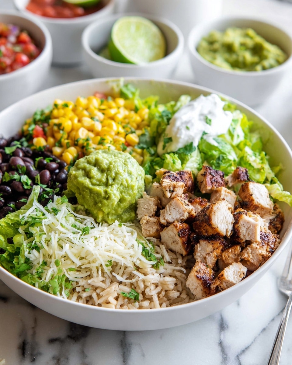 A white bowl filled with a layered meal starting with a base of light brown rice covering the bottom. On top, sections of bright yellow corn with green herbs, black beans, shredded white cheese, fresh green lettuce, and chunky diced grilled chicken with browned edges are arranged in separate piles. There is a green scoop of guacamole placed near the center, next to a dollop of white sour cream. Two lime wedges sit near the beans, adding a fresh touch. The bowl is on a white marbled surface with two white bowls of guacamole and salsa in the blurred background. Photo taken with an iphone --ar 4:5 --v 7