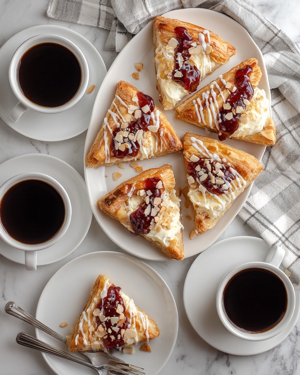 The image shows a white oval plate with six triangular slices of pastry arranged scattered on it. Each slice has a golden brown flaky crust base layered with creamy white custard, topped with patches of dark red fruit jam, drizzled with white icing, and sprinkled with almond slivers. Around the plate, there are two white cups filled with dark coffee on matching white saucers. Below the plate is a small white round plate with one more pastry slice and a silver fork resting on the edge. The whole setting is on a white marbled surface, with a folded light gray and white plaid cloth in the corner. Photo taken with an iphone --ar 4:5 --v 7