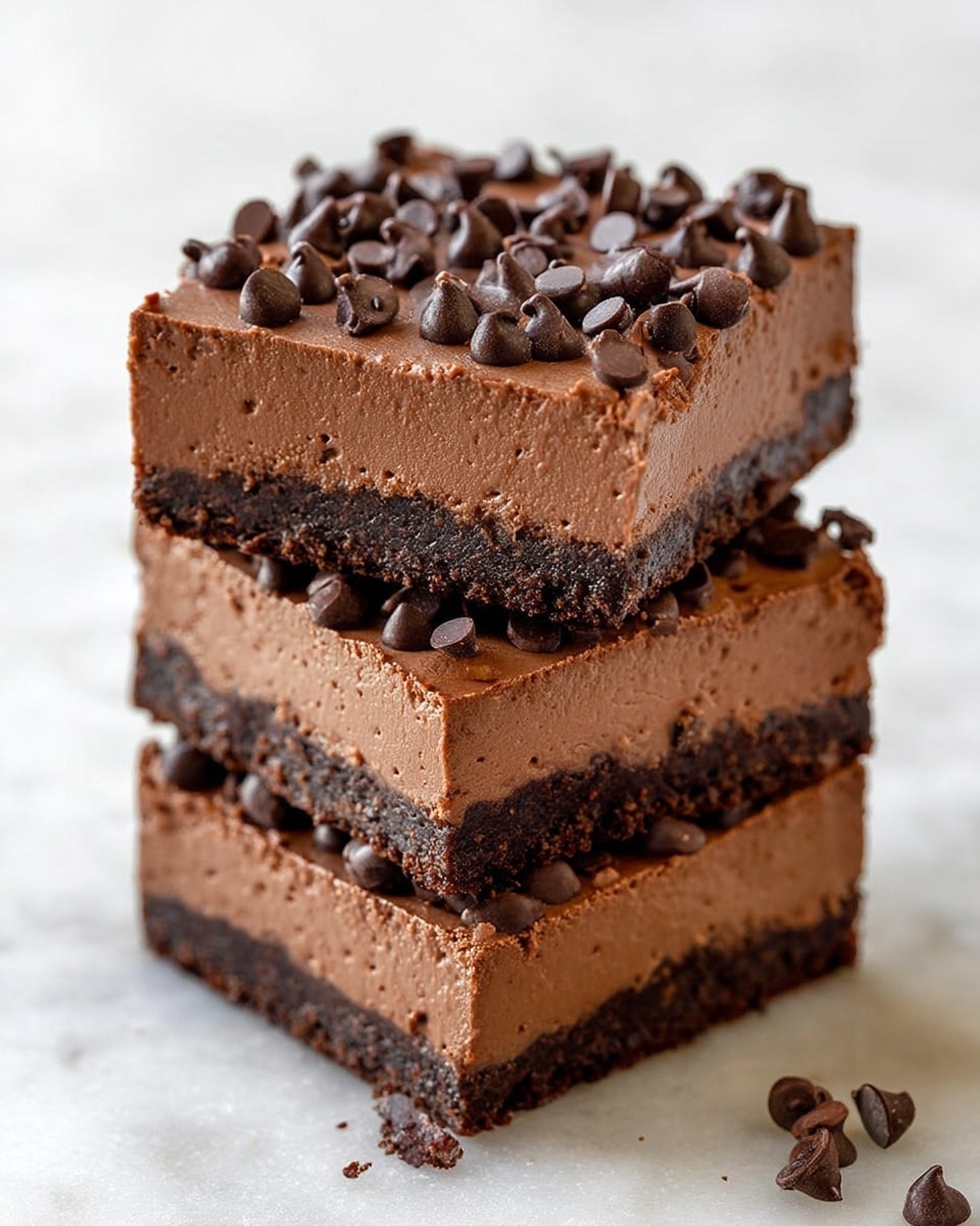 Three square pieces of chocolate dessert are stacked on top of each other. Each piece has three layers: the bottom layer is dark, dense, and crumbly, resembling a chocolate crust; the middle layer is thick, smooth, and creamy with a rich brown color; the top layer is covered with small, shiny chocolate chips scattered evenly. The edges of the dessert show some cracking, adding texture, and a small part of one piece is eaten from the corner. The dessert is set against a white marbled texture background. photo taken with an iphone --ar 4:5 --v 7