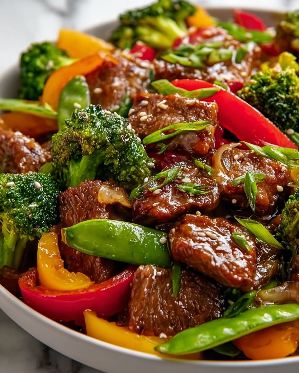 The image shows a close-up of a colorful beef stir-fry with multiple layers. The bottom layer is glossy, caramel-brown beef pieces with a tender texture, sprinkled with small green onion bits and sesame seeds. Among the beef are bright green broccoli florets with a crisp texture. Above the beef and broccoli are sliced red and yellow bell peppers with a smooth, shiny surface. Snap peas with a vibrant green color are placed throughout the dish, adding a fresh look. All ingredients are mixed together on a white plate set on a white marbled surface. photo taken with an iphone --ar 4:5 --v 7