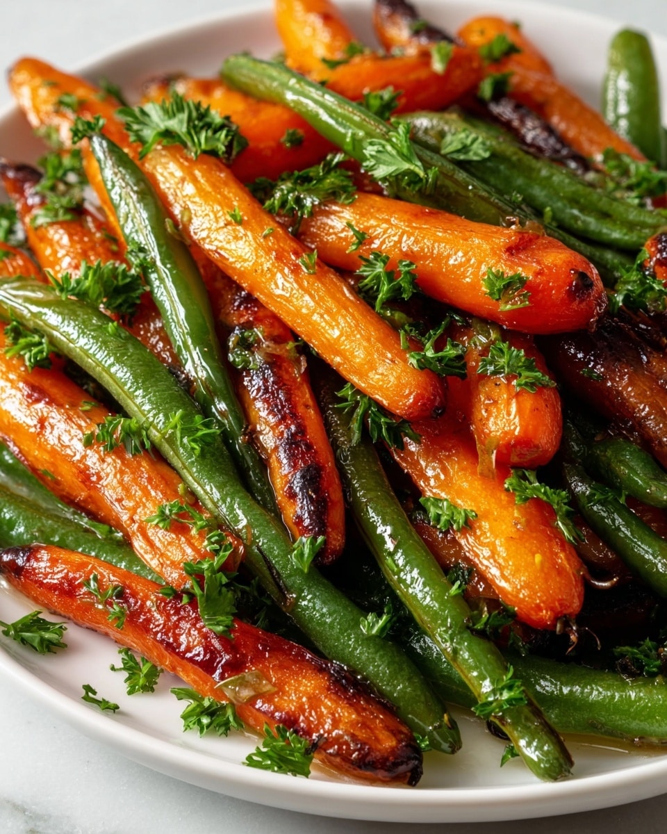A close-up of a white plate filled with roasted baby carrots and green beans. The carrots are bright orange with some caramelized brown spots and a shiny, oily texture. The green beans are vibrant green, also glossy with oil and slight charring. Small pieces of fresh green parsley are sprinkled all over the vegetables, adding a fresh contrast. The plate rests on a white marbled surface. photo taken with an iphone --ar 4:5 --v 7