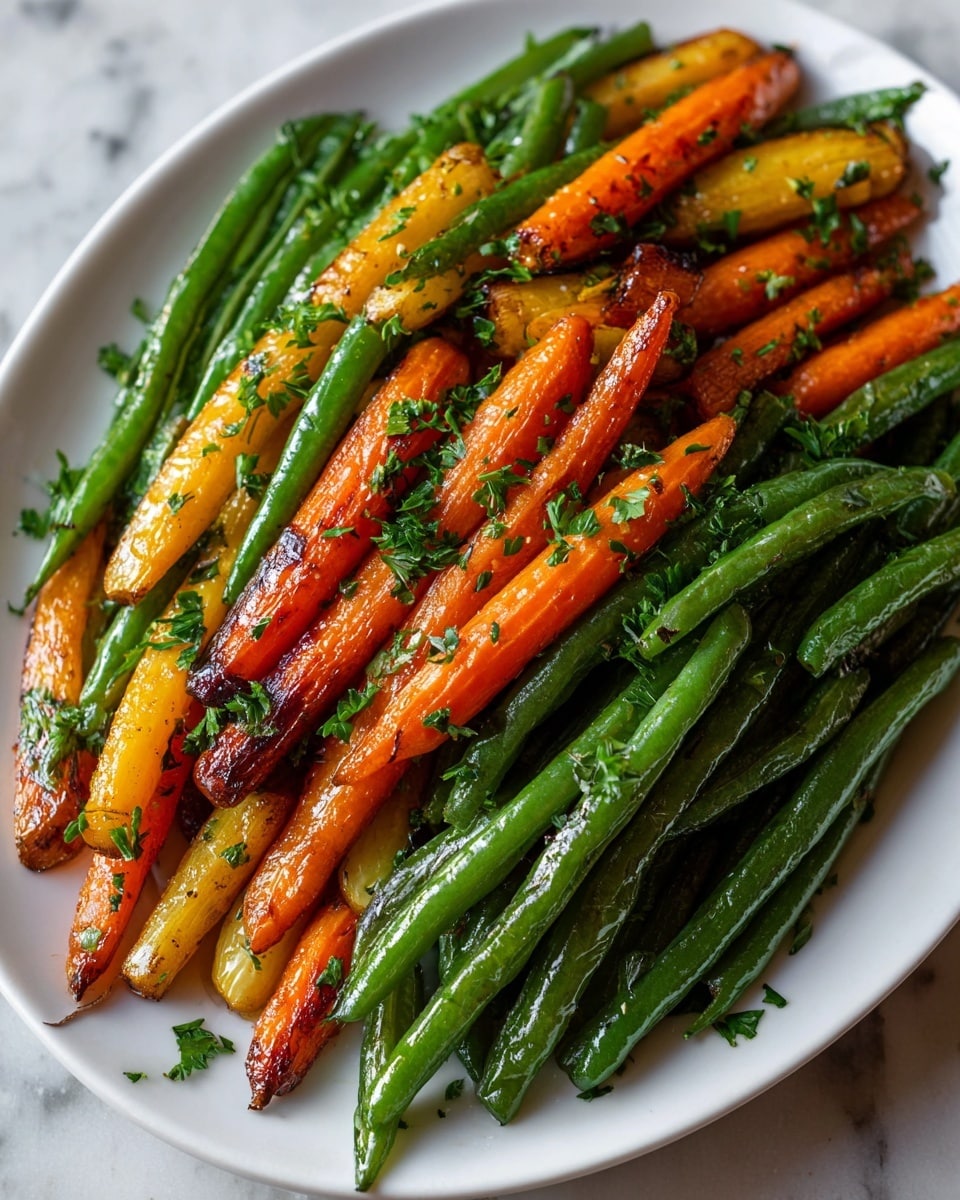 A white plate filled with two main layers of roasted vegetables: the bottom layer has shiny green beans, smooth and slightly wrinkled, while the top layer shows a mix of small roasted carrots in vibrant orange and yellow colors, some with browned, caramelized spots. Both vegetables are sprinkled with chopped fresh green parsley, adding texture and a pop of color. The vegetables look glossy, lightly coated with oil or butter. The plate is placed on a white marbled surface. Photo taken with an iphone --ar 4:5 --v 7