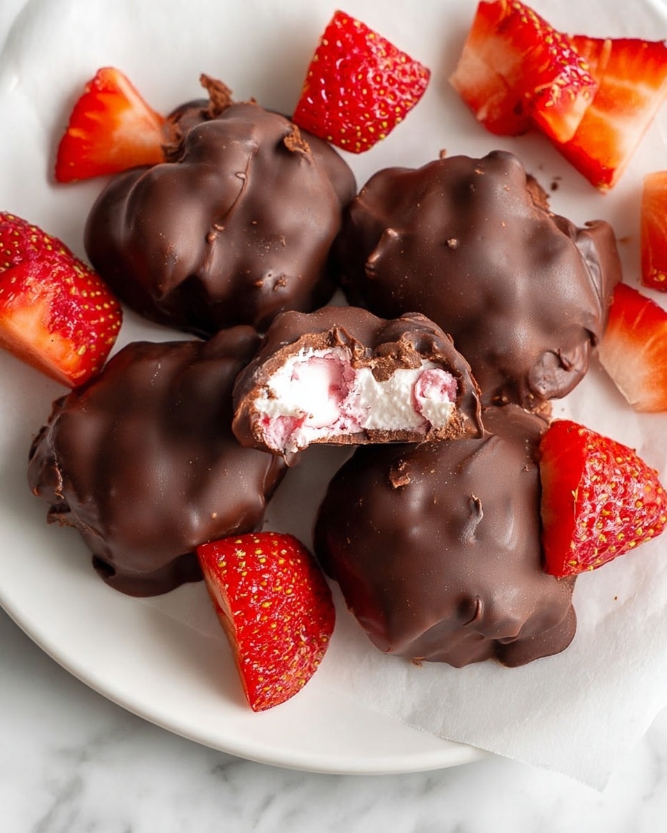 The image shows a white plate with several round, chocolate-covered treats with a slightly rough texture and uneven shapes. One treat is broken open, showing a soft, pink and white creamy filling inside. Around the treats, there are fresh cut pieces of bright red strawberries, some halved with green leaves, and smaller diced pieces scattered across the plate. The plate sits on a white marbled surface, and the overall colors contrast well with the dark brown chocolate and red strawberries. photo taken with an iphone --ar 4:5 --v 7