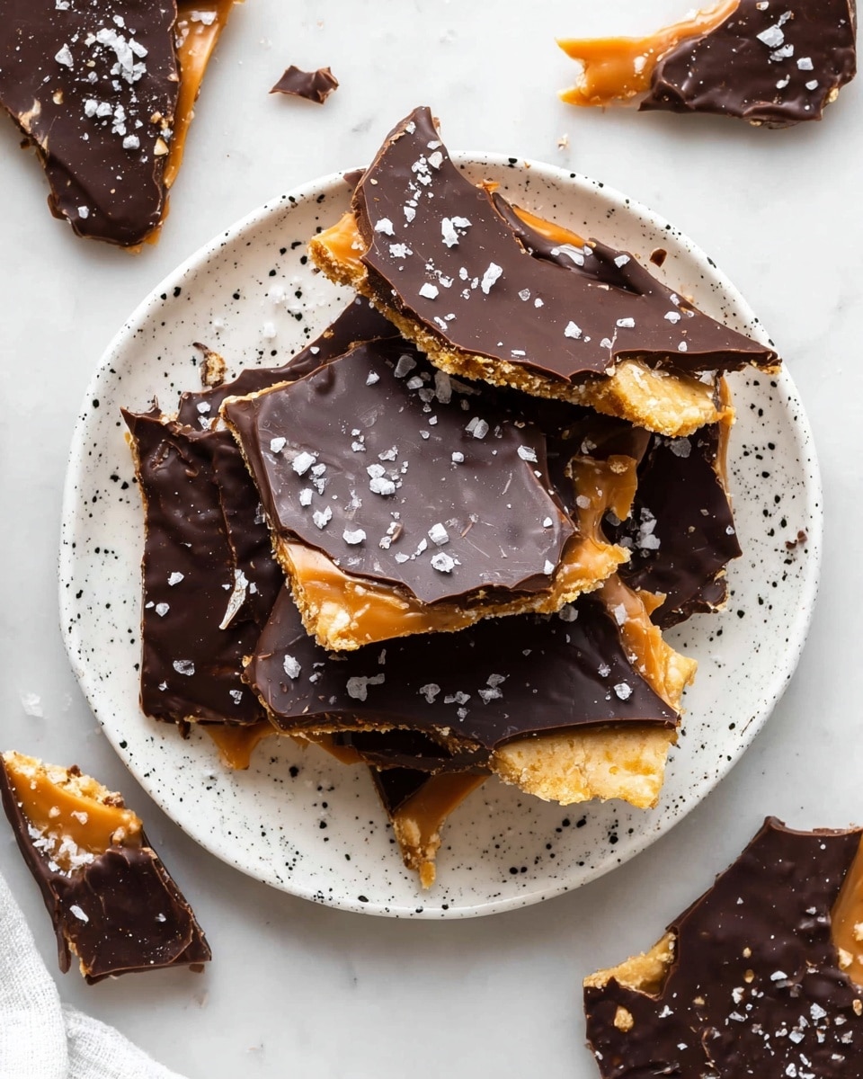 The image shows a white plate with black speckles holding several pieces of chocolate toffee bark. Each piece has three visible layers: a bottom layer of golden, crunchy toffee with a rough texture, a middle layer of creamy, light caramel, and a top layer of smooth, dark chocolate with a glossy finish. The chocolate layer is sprinkled with small white sea salt flakes, adding texture and contrast. Around the plate, large broken pieces of the same toffee bark are scattered on a white marbled surface, showing the uneven, jagged edges of the broken dessert. Photo taken with an iphone --ar 4:5 --v 7