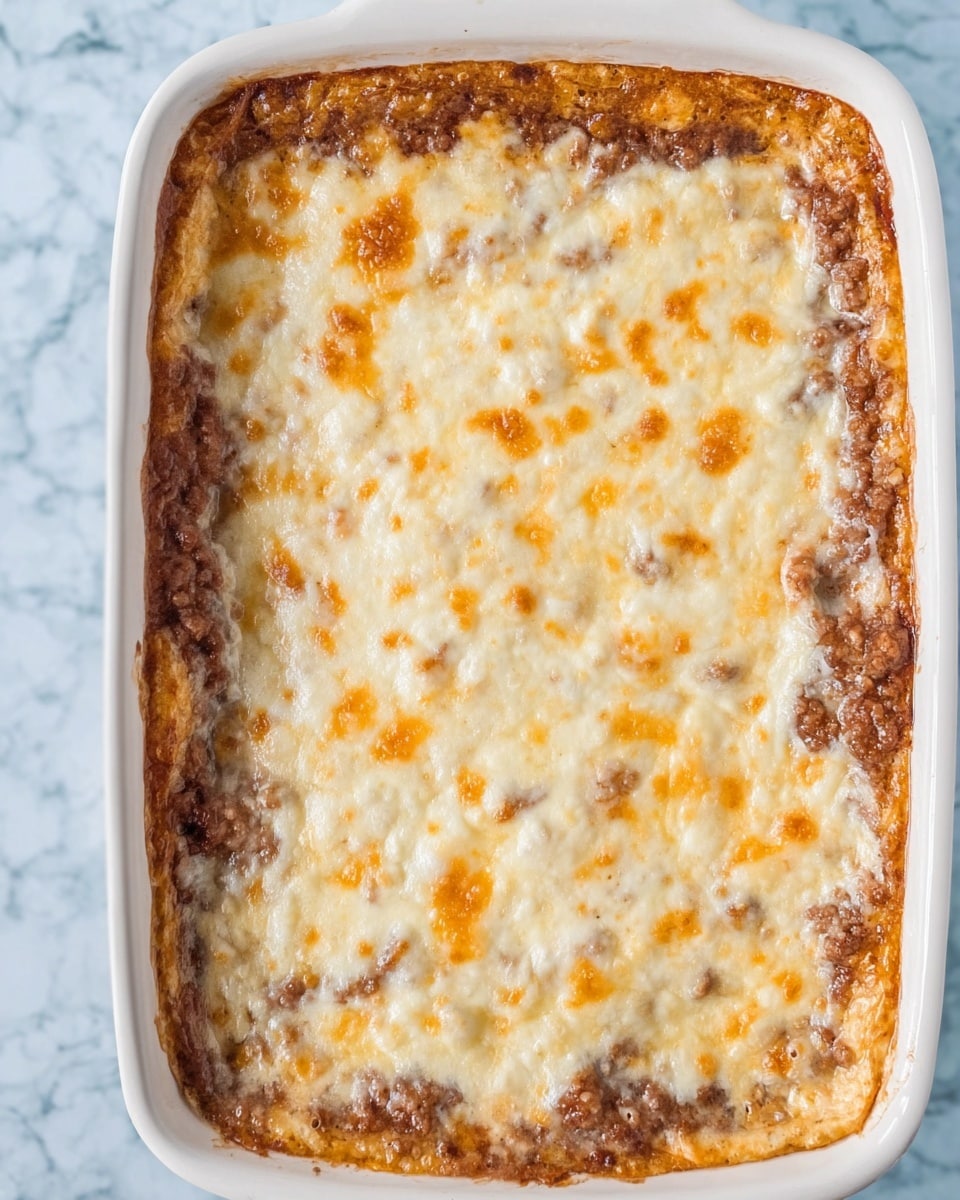The image shows a rectangular white baking dish filled with a baked casserole. The dish has three visible layers: the bottom layer is firm and browned, the middle layer has a ground meat texture mixed with a brownish sauce, and the top layer is a melted cheese crust that is creamy white with golden spots. The edges of the casserole are crispy and slightly raised compared to the center. The dish is set on a white marbled surface. photo taken with an iphone --ar 4:5 --v 7