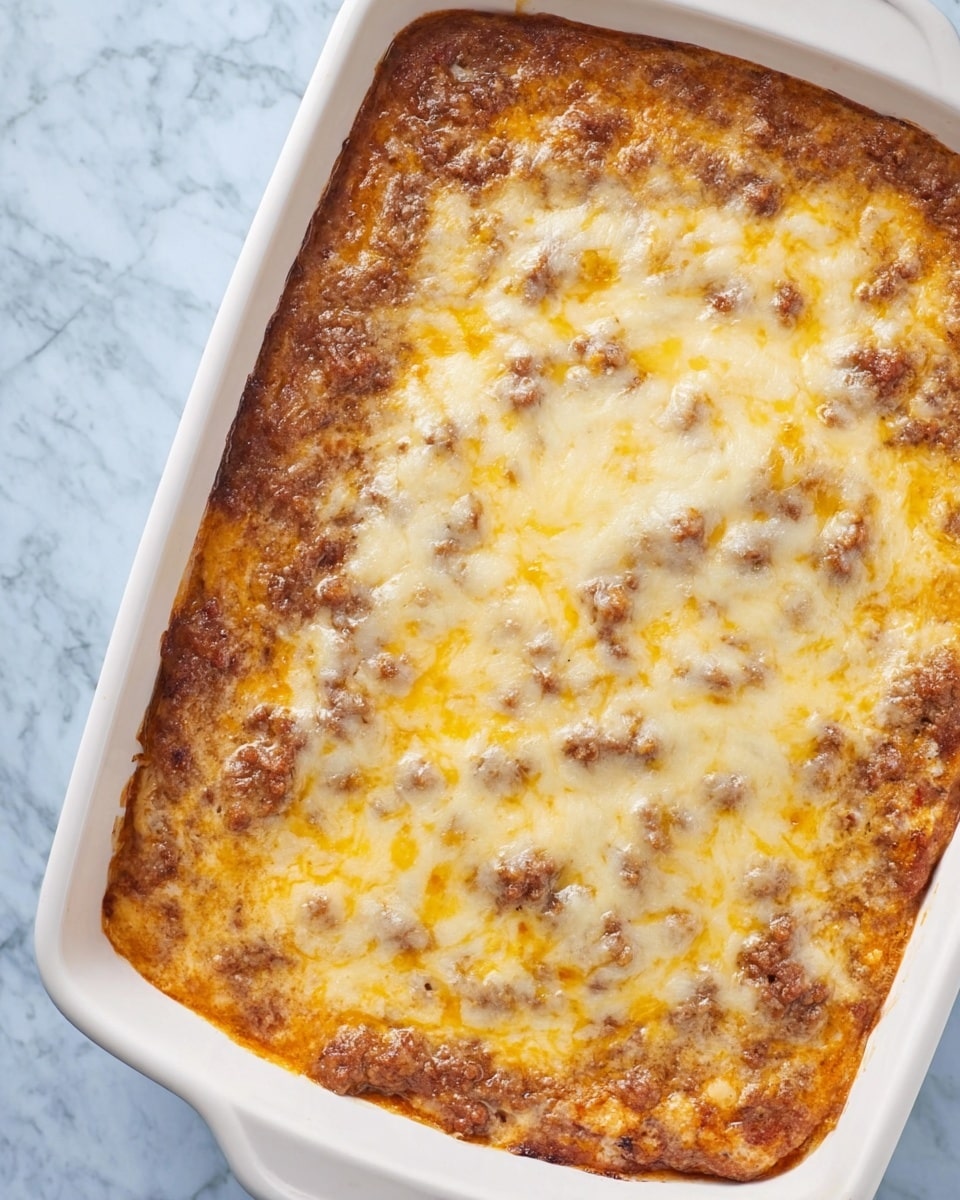 A close-up top view of a baked casserole in a white ceramic rectangular dish with a handle, showing one thick layer of browned, melted cheese with a smooth, slightly bubbly texture on top mixed with browned bits, spread evenly across the dish. The casserole has a mottled look with light golden and darker brown patches, indicating cooked cheese and possibly ground meat beneath. The background is a white marbled surface suggesting a clean kitchen setting. photo taken with an iphone --ar 4:5 --v 7