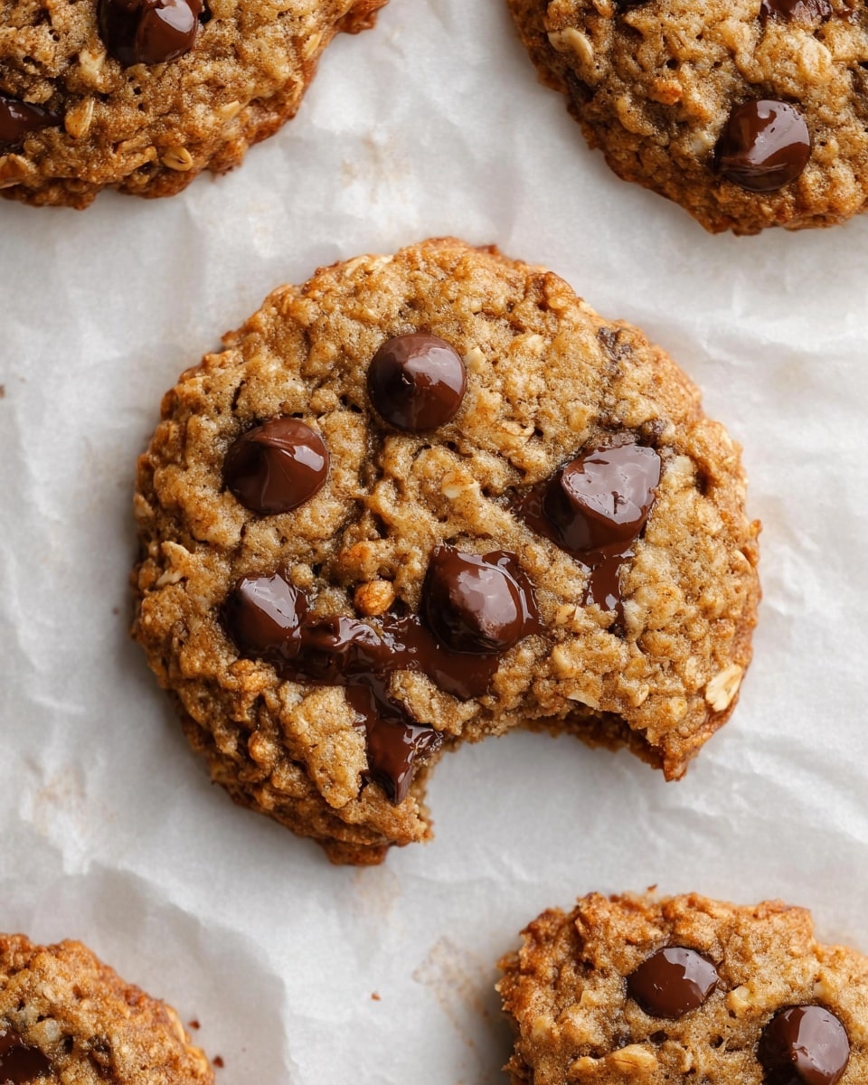 A close-up image of a soft, round oatmeal cookie with a golden-brown color and a slightly rough texture from the oats. The cookie has shiny dark chocolate chips scattered on top, some slightly melted, creating a rich contrast against the warm cookie color. One cookie has a bite taken out, showing its chewy inside, with a small smudge of melted chocolate near the bitten edge. The cookies rest on white parchment paper over a white marbled surface, with parts of other cookies visible at the edges. photo taken with an iphone --ar 4:5 --v 7