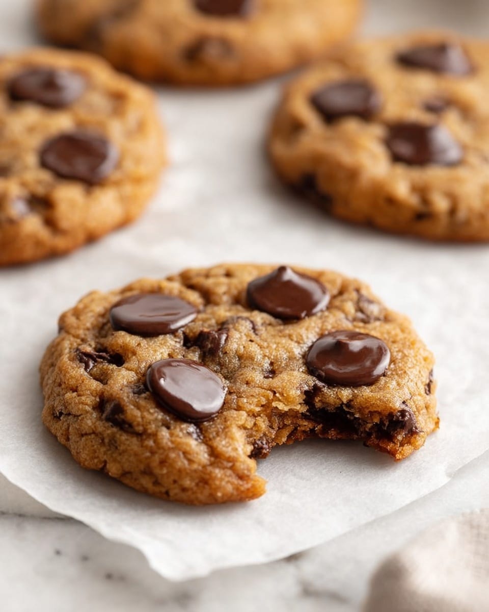 A close-up view of a soft chocolate chip cookie with a bite taken out of the bottom right side, showing its chewy texture. The cookie is golden brown with irregular surface texture and is dotted with several large, shiny, melted dark chocolate chips spread unevenly on top. In the background, there are other similar cookies blurred out, all placed on white parchment paper over a white marbled surface. Photo taken with an iphone --ar 4:5 --v 7